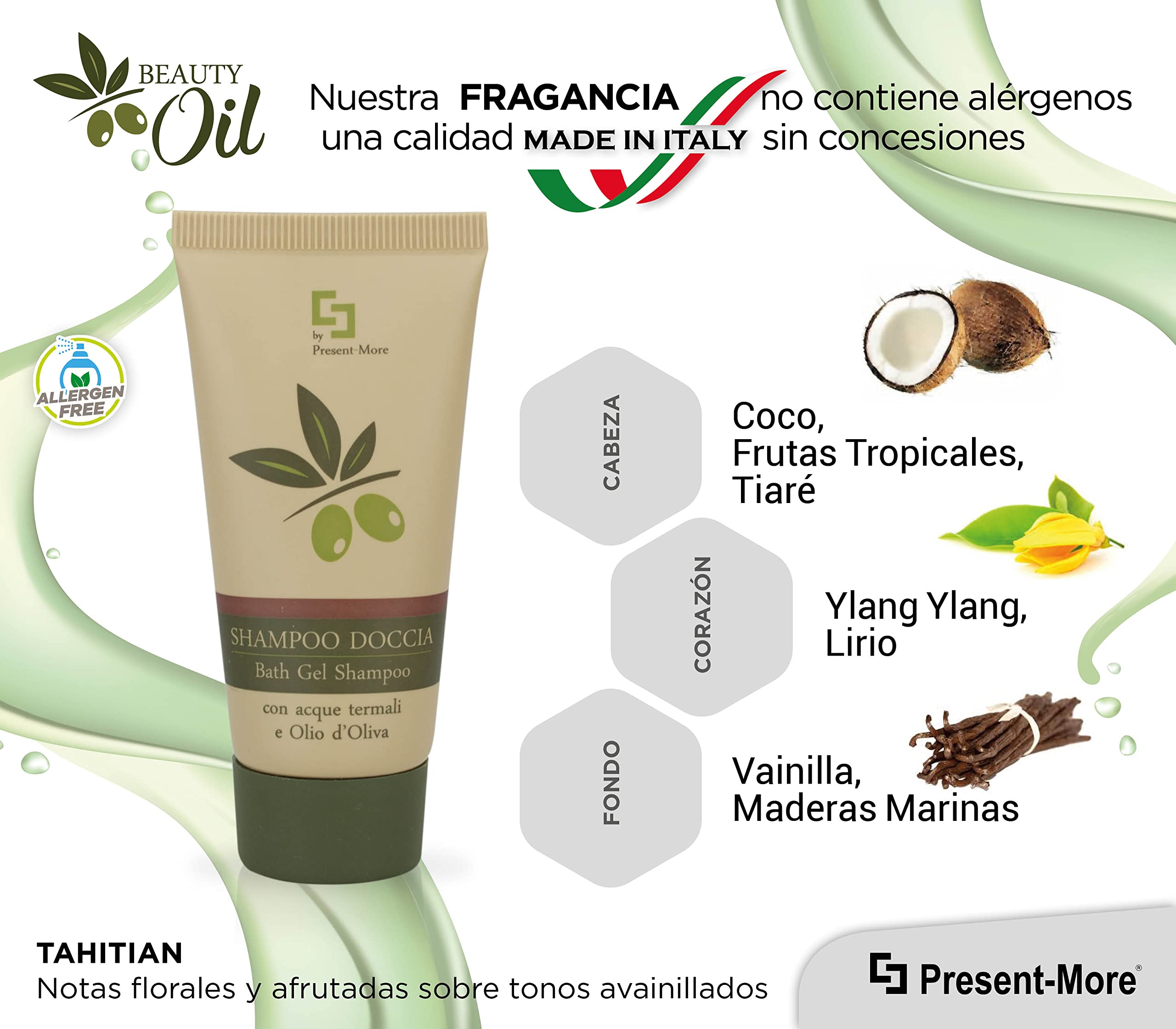 Present-More Champú de ducha 30ml Beauty Oil - Ducha champú 150 unidades para Hoteles y B&B | Ducha champú sin alérgenos con fragancia Tahitian