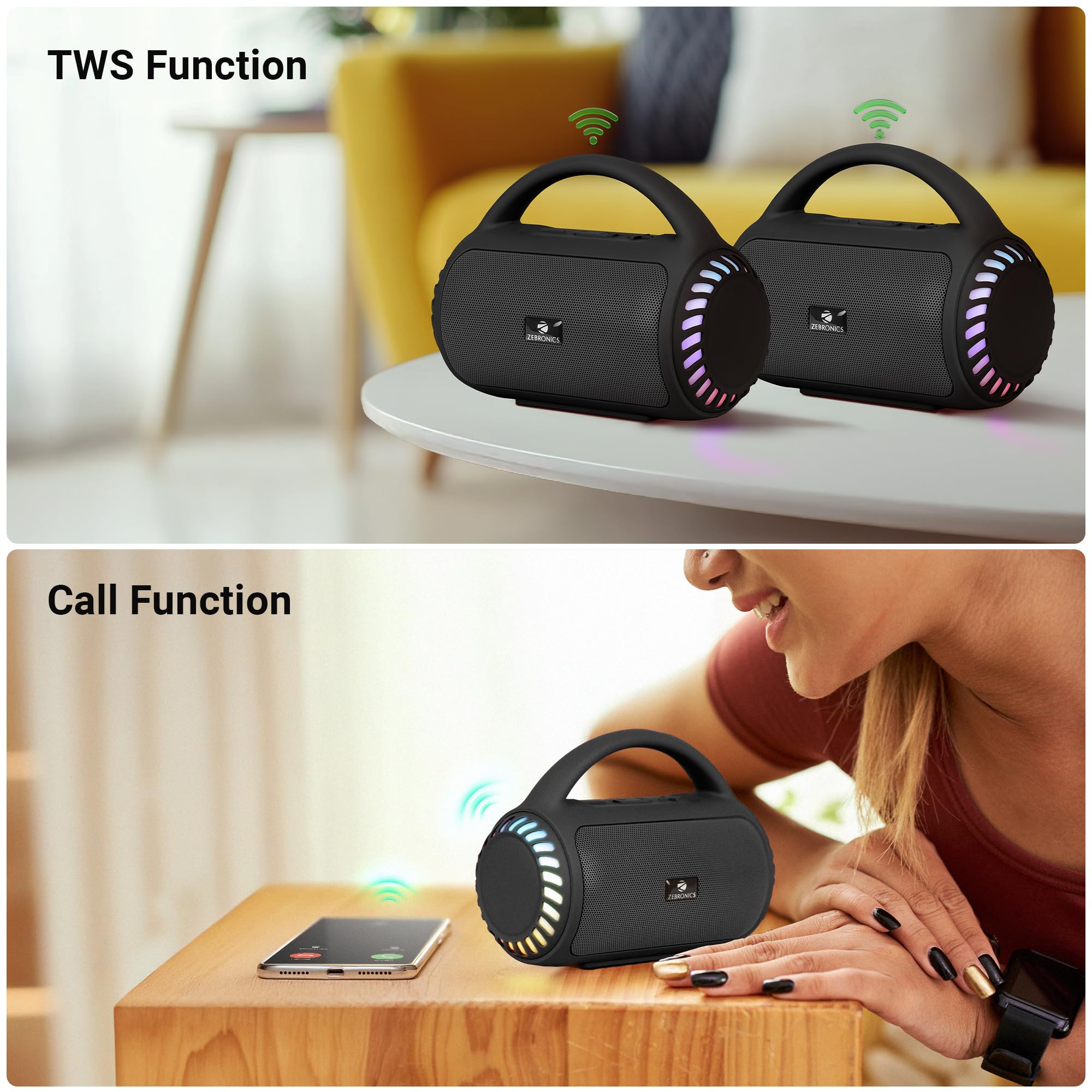 Zebronics Portable Bluetooth Speaker, 8W, Upto 18 Hours Playback, BTv5.3, mSD, TWS, USB, 8 Multi-Color LED Modes, Call Function, Type-C Charge, Deep Bass, Carry Handle (County 5 Plus, Black) — Amazon image 4