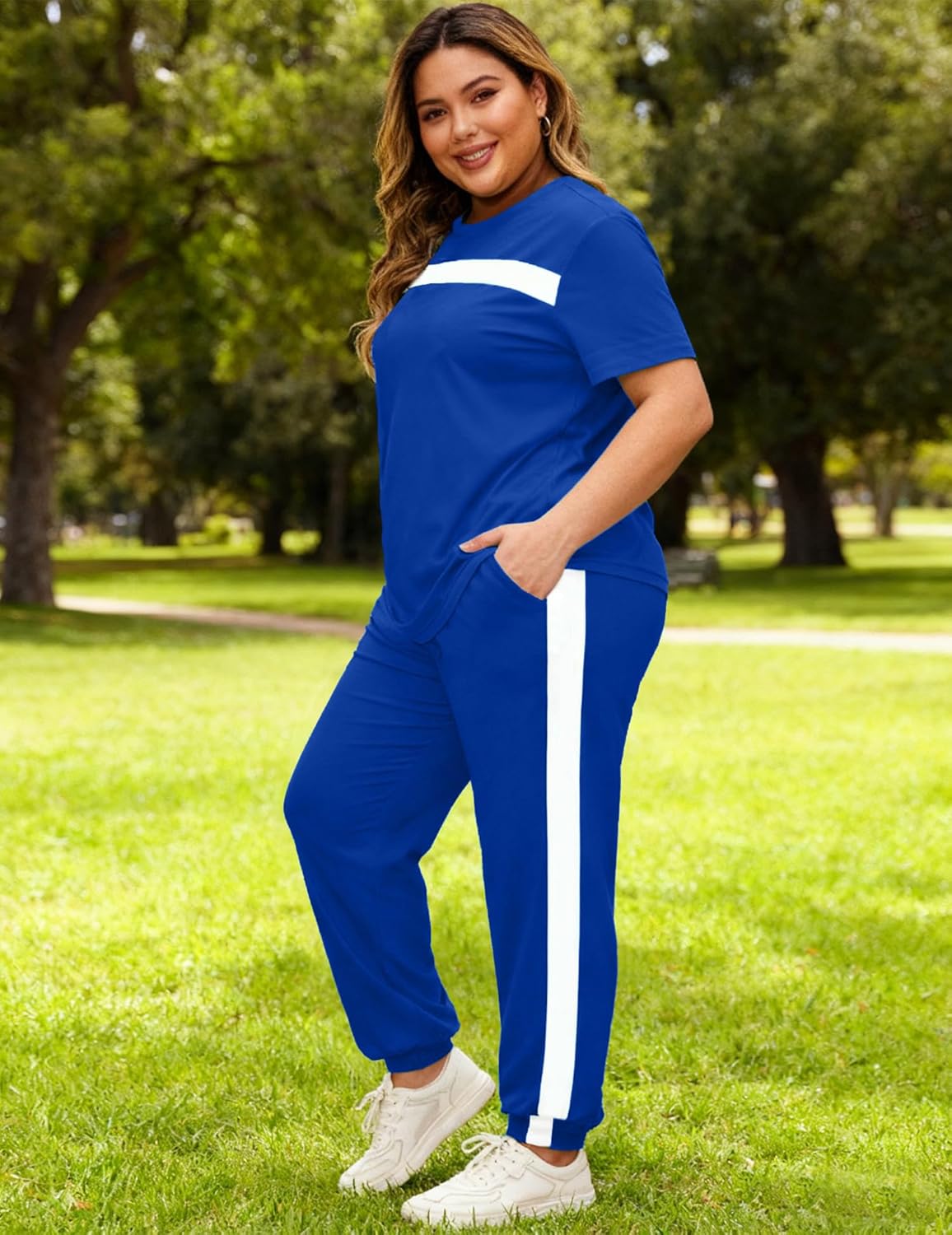 Bealin Women's Plus Size Two Piece Outfits For Women Striped Long Sleeves Sweatsuits Tracksuit Jogger Sets - Image 3