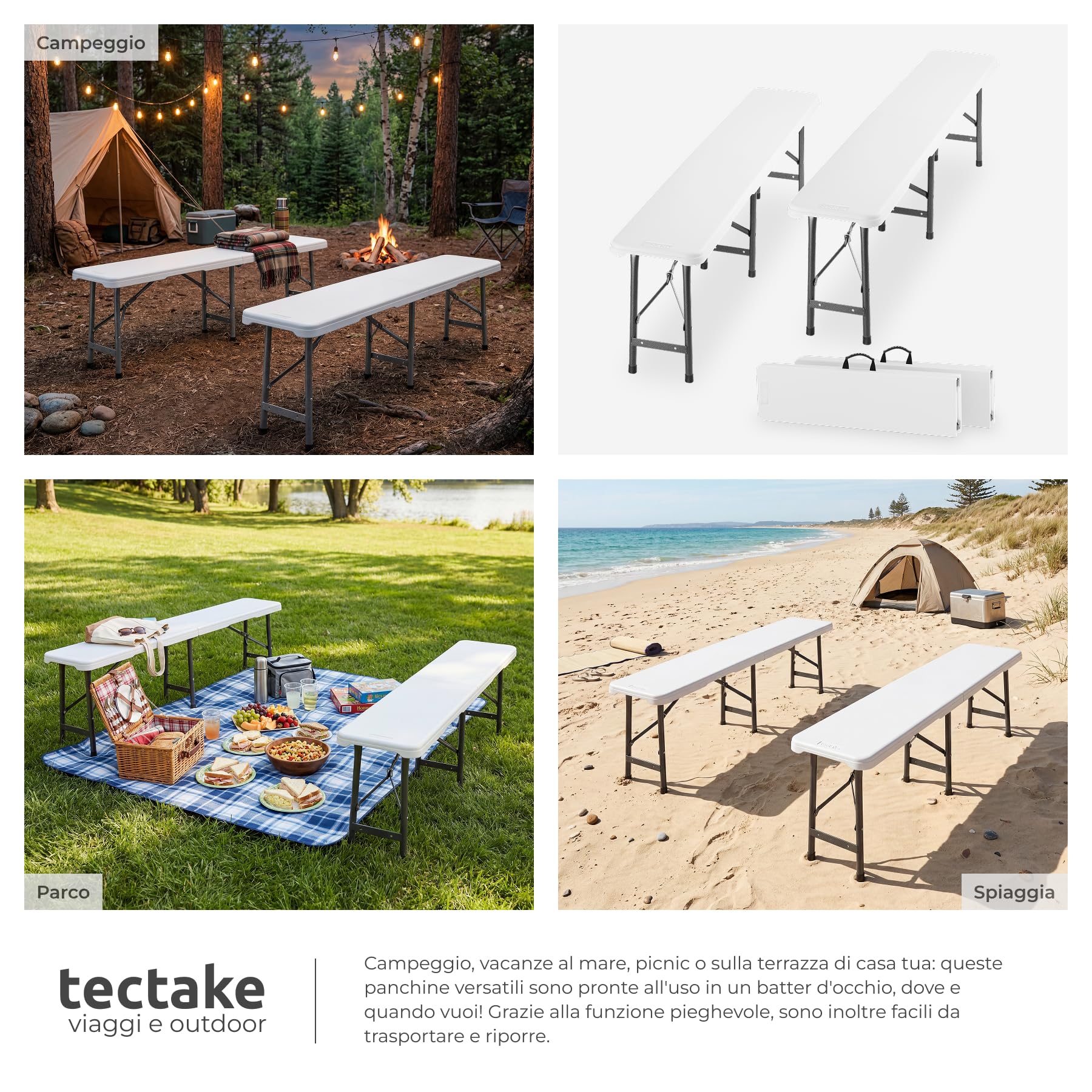 tectake® Set 2x Panchina da esterno 180x27,5x42 cm, Set 2 Panche Pieghevoli da Campeggio Formato Valigia, Struttura in Acciaio, Blocco di sicurezza, Ideale per Giardino, Campeggio, Spiaggia - Bianco