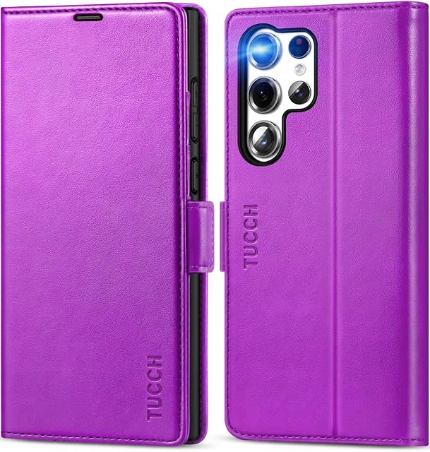 TUCCH Wallet Case for Galaxy S23 Ultra (6.8") 2023 5G, Magnetic Protective PU Leather Flip Case with[Shockproof TPU][RFID Blocking][Kickstand][Card Holder] Compatible with Galaxy S23 Ultra, Purple