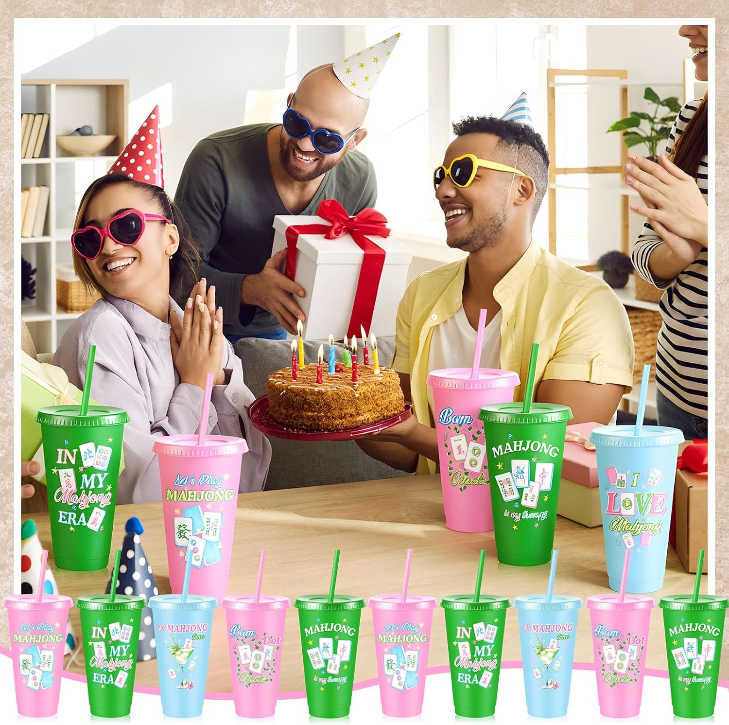 Chuangdi 12 Pcs Mahjong Cups 24 oz for Mahjong-themed Party Supplies | Mahjong Tumblers with Lids and Straws for Game Night, Mahjong Gifts for Women, Mah Jong Birthday Party Decorations