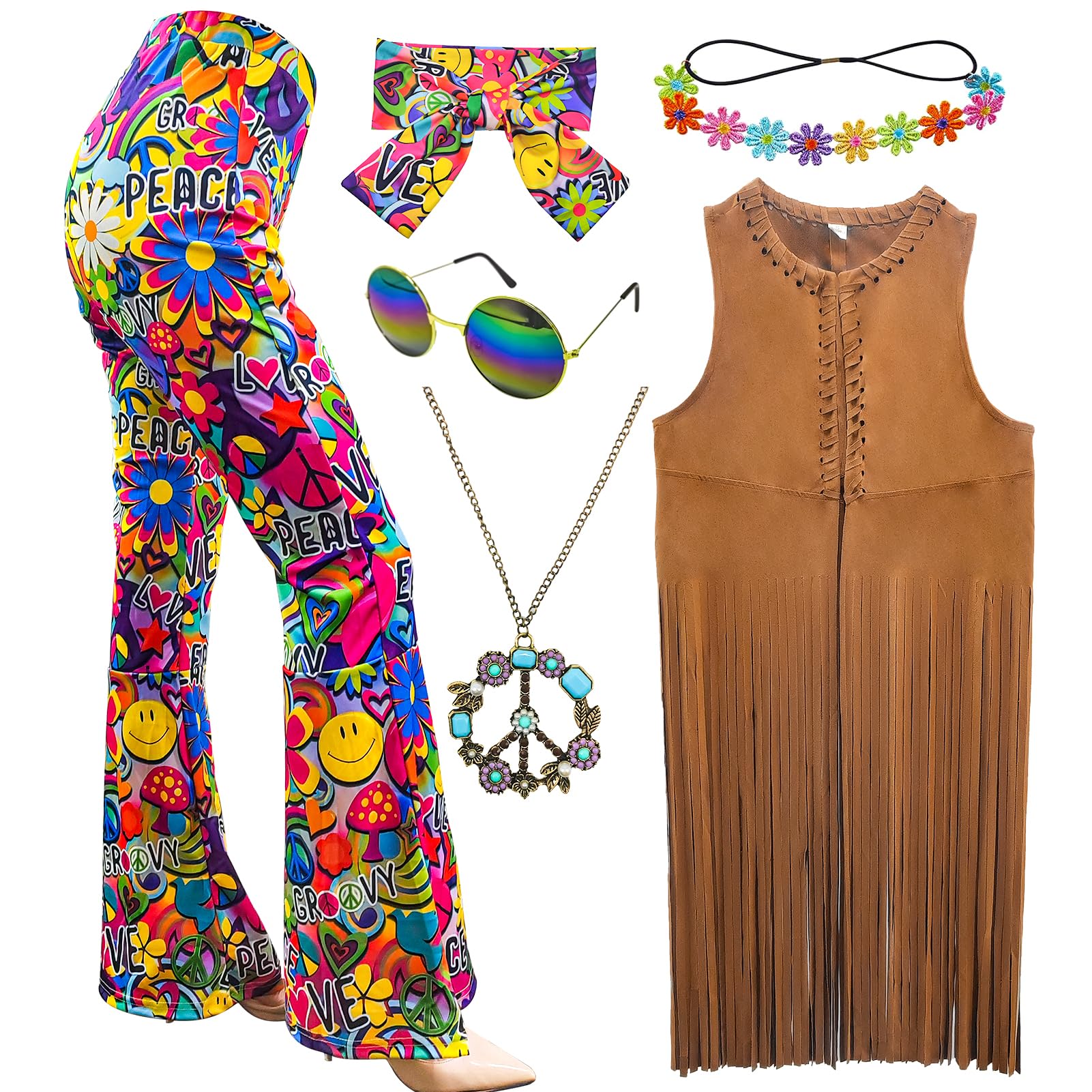 6 Pcs 60s 70s Hippie Costume Disco Outfits Fringe Vest Boho Bell Bottoms Peace Accessories Set Halloween for Women