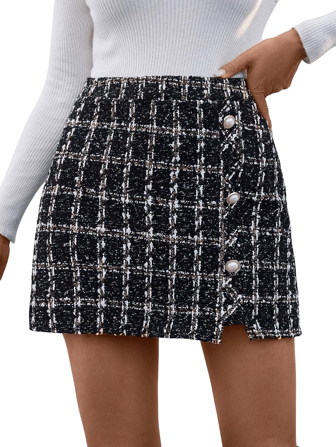 SweatyRocks Women’s Elegant High Waist A-line Plaid Tweed Mini Skirt