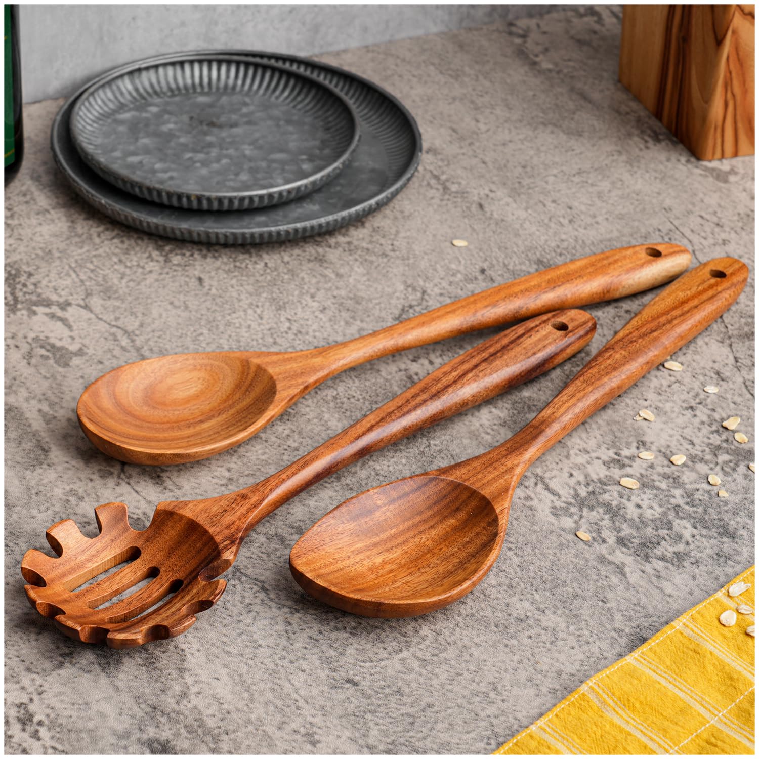 Gudamaye 33 cm lange Holzlöffel zum Kochen, 9-teiliges Küchenhelfer-Set aus natürlichem Teakholz, Küchenhelfer-Set mit Utensilienhalter, aus australischem Kampfer-Lorbeerholz, Holzutensilien zum