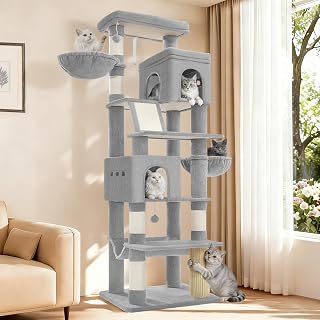 Hzuaneri Tall Cat Tree 75 Inch, Indoor Large Multi-Level Cat Tower | Cat Condo Furniture with 5 Scratching Post, 2 Hanging Basket, 2 Condo, 2 Large Platform, Pet Play House, Light Grey MS19018LG