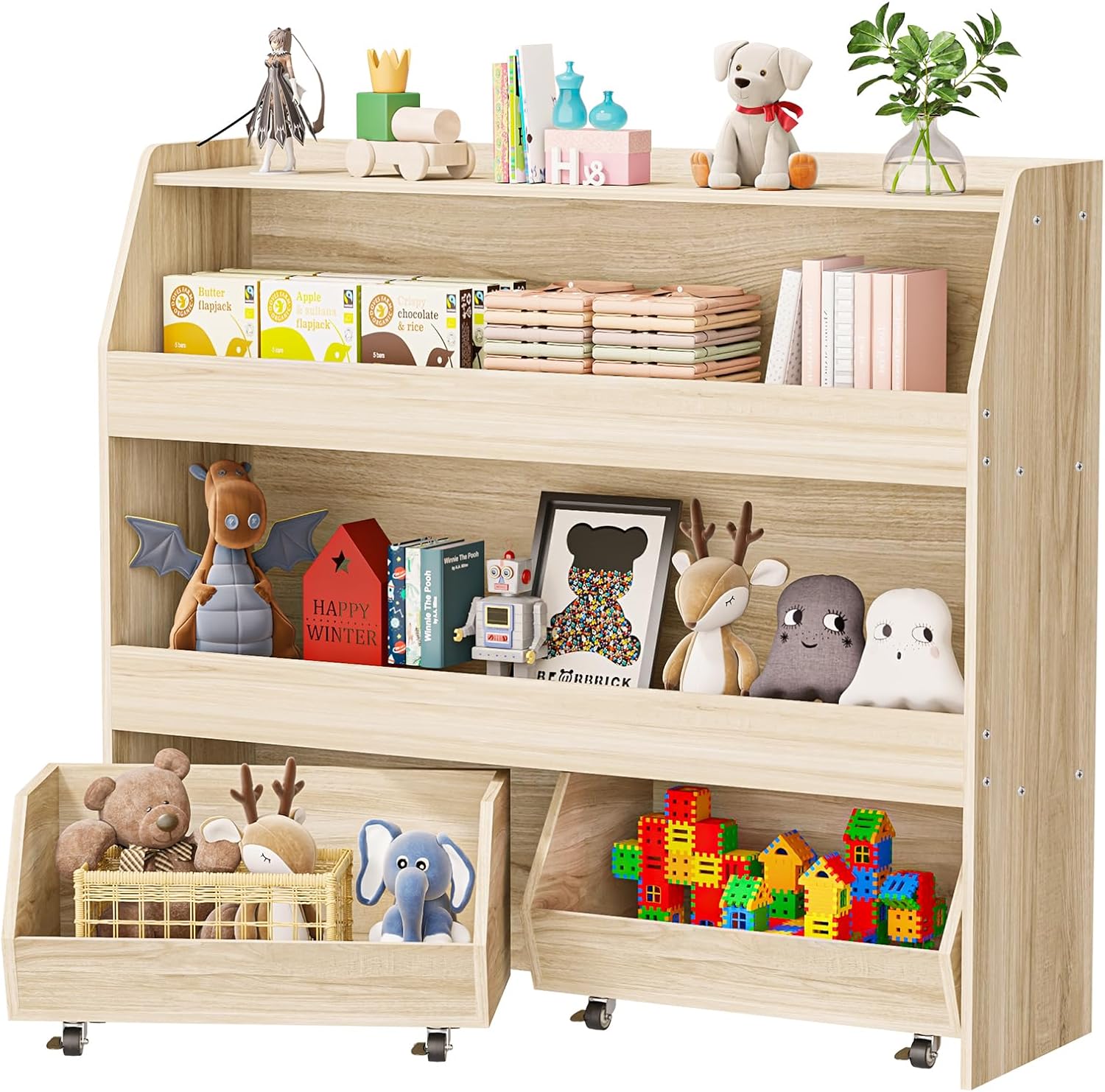 COZPAW Toy Storage Organizer, 3 Tier Montessori Shelf with Movable Bins (Wood)