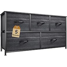 DWVO Wide Chest of Drawers, Dresser with 5 Drawers, Oak Grain Fabric Storage Tower, Dresser for Bedroom with 5 Drawers, Living Room, Closets - Sturdy Steel Frame, Wooden Top