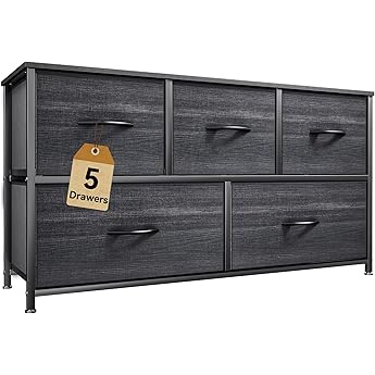 DWVO Wide Chest of Drawers, Dresser with 5 Drawers, Oak Grain Fabric Storage Tower, Dresser for Bedroom with 5 Drawers, Living Room, Closets - Sturdy Steel Frame, Wooden Top
