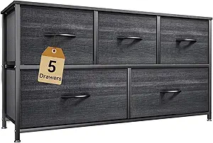 DWVO Dresser with 5 Drawers - Fabric Storage Tower, Organizer Unit for Bedroom, Living Room, Closets - Sturdy Steel Frame, Wooden Top (Black Wood Grain)