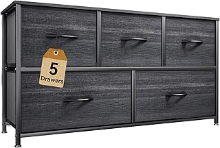 DWVO Dresser with 5 Drawers - Fabric Storage Tower, Organizer Unit for Bedroom, Living Room, Closets - Sturdy Steel Frame, Wooden Top