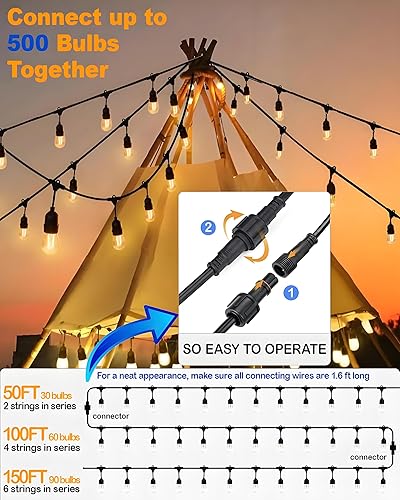 Miniatura 5 de Guirnalda de luces para exteriores de 25 pies impermeable, luces de patio con 16 bombillas Edison S14, luces LED exteriores de 120 V para decoración