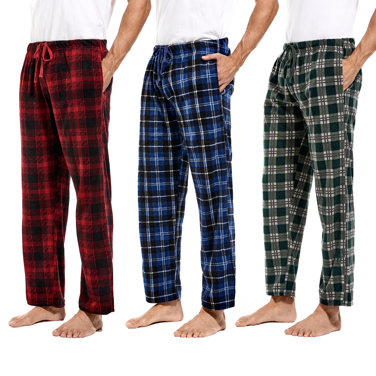 DG Hill 3 Pack Plaid Mens Pajama Pants Set Bottoms Fleece Lounge Sleepwear PJs with Pockets Microfleece