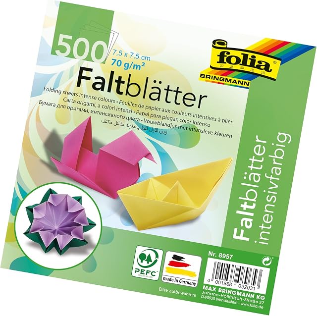 folia 8957  kartki składane, 7,5 x 7,5 cm, 70 g/m², 500 arkuszy posortowanych w 10 intensywnych kolorach  idealne do składania papieru i do innych kreatywnych prac ręcznych