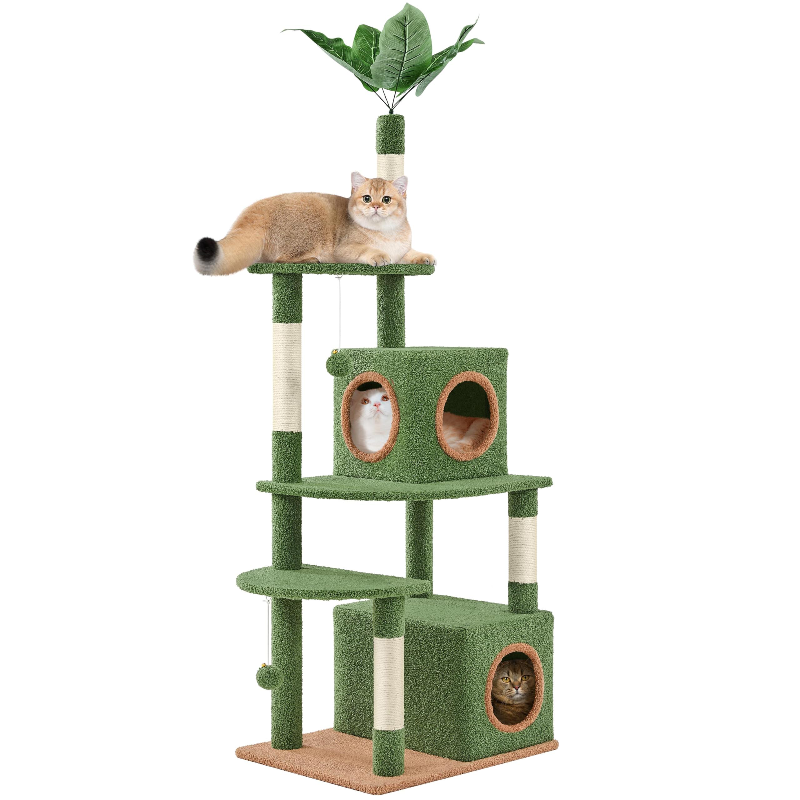 Topeakmart 59in Cat Tree, Palm Leaf Cat Tower for Indoor Cats with Green Leaves, Cat Climbing Frame with Fluffy Balls Natural Sisal Scratching Posts Platform Condo for Kitty