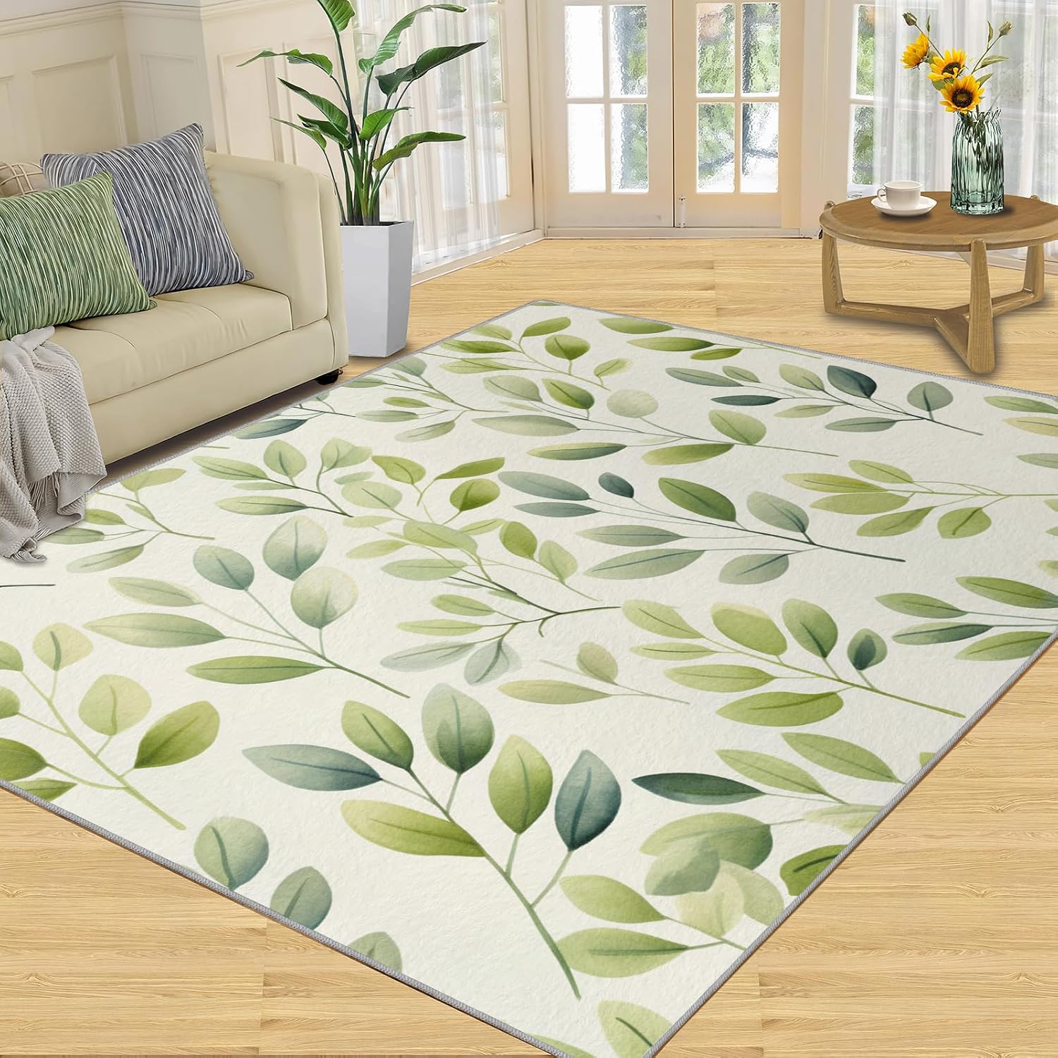 Simple Leaves Area Rugs 4x5 - Minimalist Plants Rug for Entryway, Green Leaves Washable Entry Way Rugs Kids Carpet for Inside House Playroom Living Room End Table Nursery