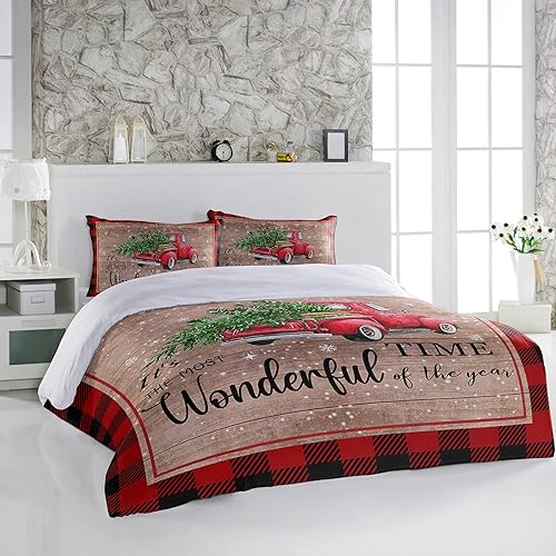Miniatura 3 de Juego de ropa de cama de 3 piezas con diseño de árbol verde de camión de granja rojo de Navidad, fundas de edredón ultra suaves y fundas de almohada