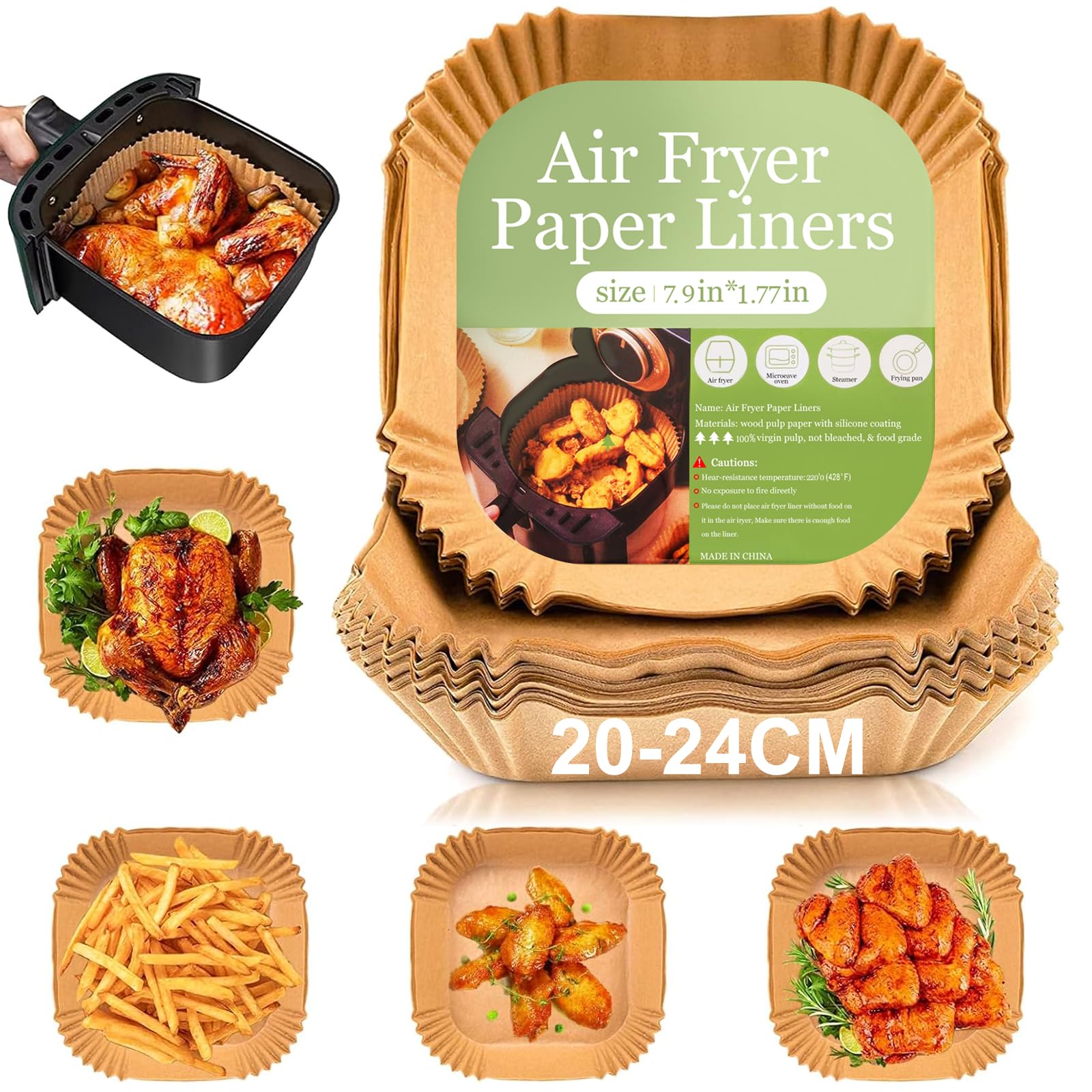 Papel Freidora Aire de 20-24cm,100 Unidades,Papel de Freidora de Aire Desechable de Grado Alimenticio,para Horno, Hornear y Microondas,Para Freidoras de Aire de 5 a 8 litros,BPA Free