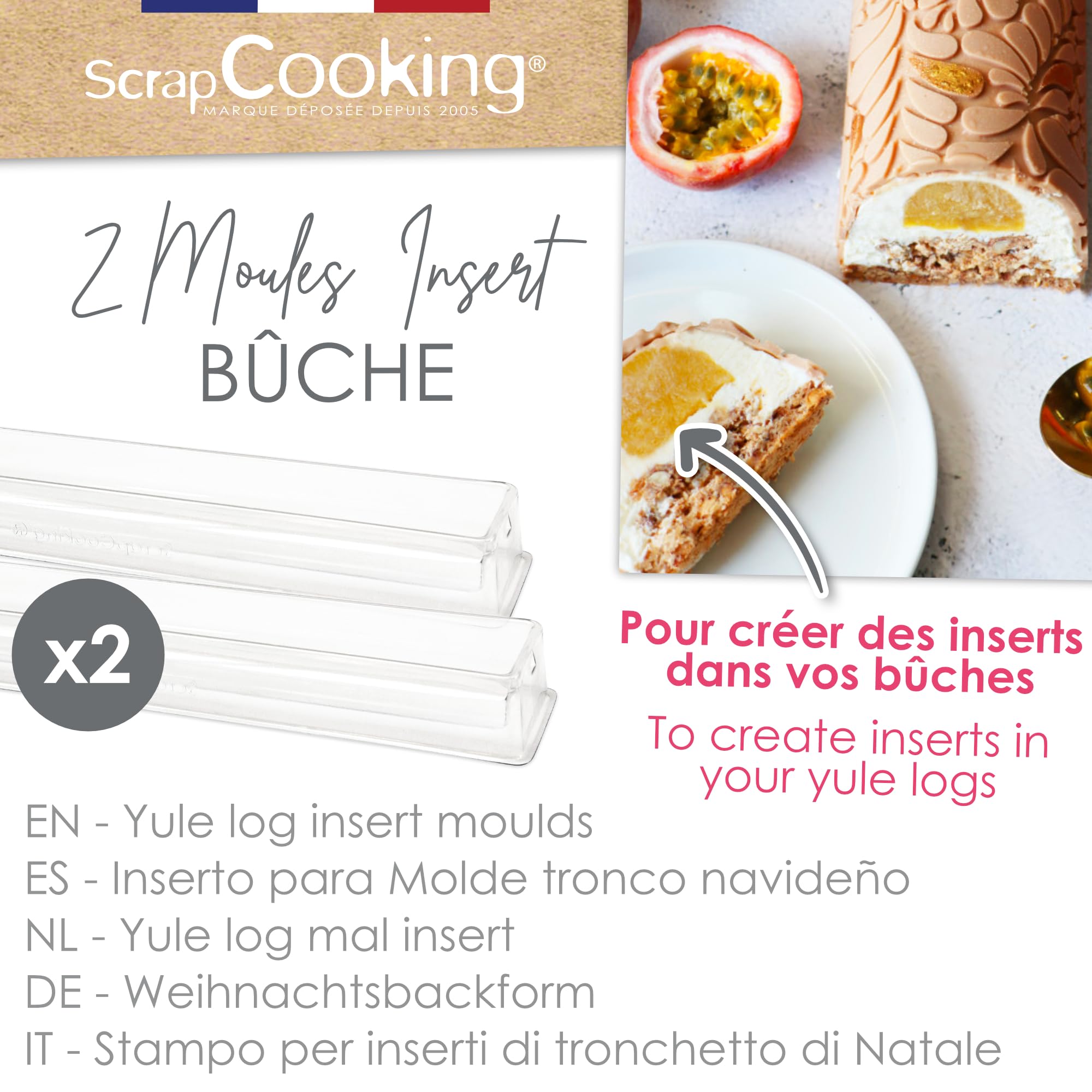 ScrapCooking 1961 Christmas Log Insert Moulds - 2 Semi-Rigid & Reusable PVC Moulds - Length 30 cm - Christmas Dessert Pastry Accessories - with Recipe