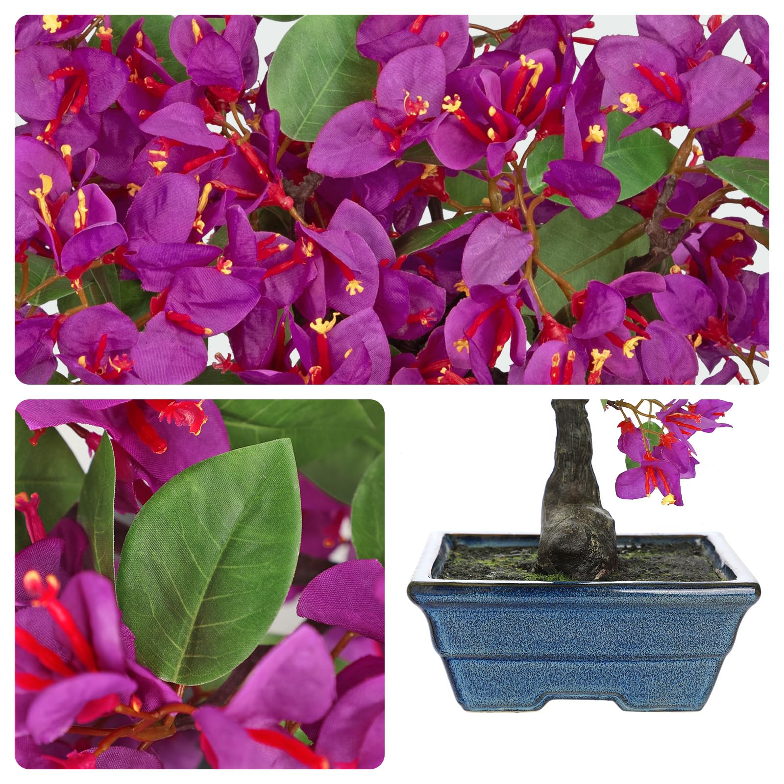 Fleurs artificielles en pots 47 cm de haut, plantes de bougainvillées artificielles avec pot en céramique bleu, fausses plantes de bougainvillées violettes en soie pour décoration de printemps