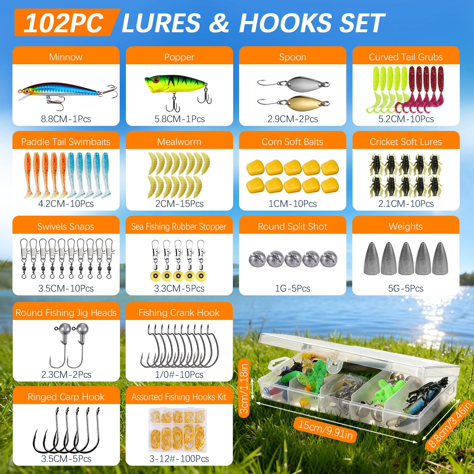 Lot de 2 cannes à pêche télescopiques avec 102 accessoires, 1,8 m/2,1 m, pliable, moulinet, appât, kit de pêche complet pour débutants avec sac de pêche pour eau salée, eau douce, voyage, pêcheur