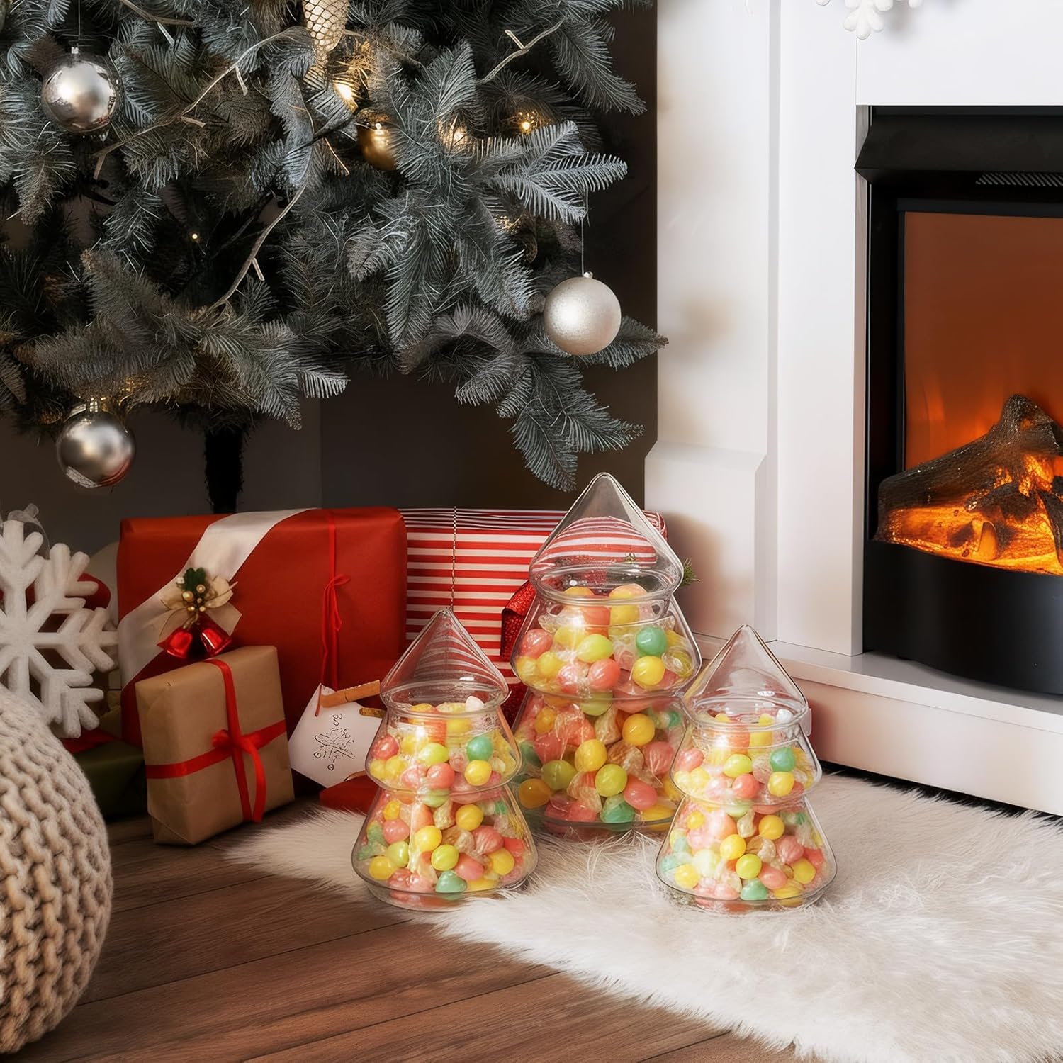 Baderke 3 Pcs Christmas Tree Candy Jars Glass Cookie Jars with Lids Lovely Christmas Tree Jar Bowl Food Storage Container for Xmas Festival Holiday Party Gift Table Decoration