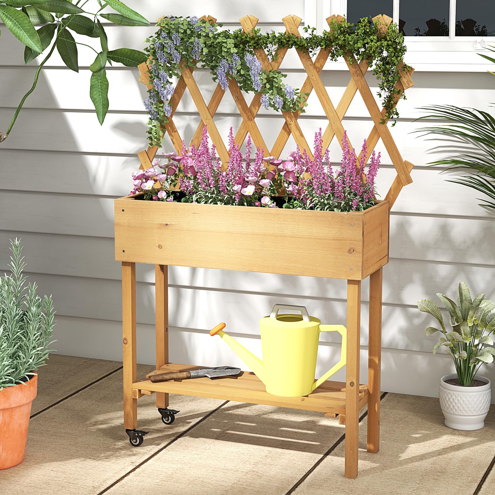 GOPLUS Huerto Urbano con Enrejado y Estante | Jardinera Elevada con Ruedas, Orificios de Drenaje, Macetero Exterior para Patio Jardín Balcón, 90 x 29 x 129 cm