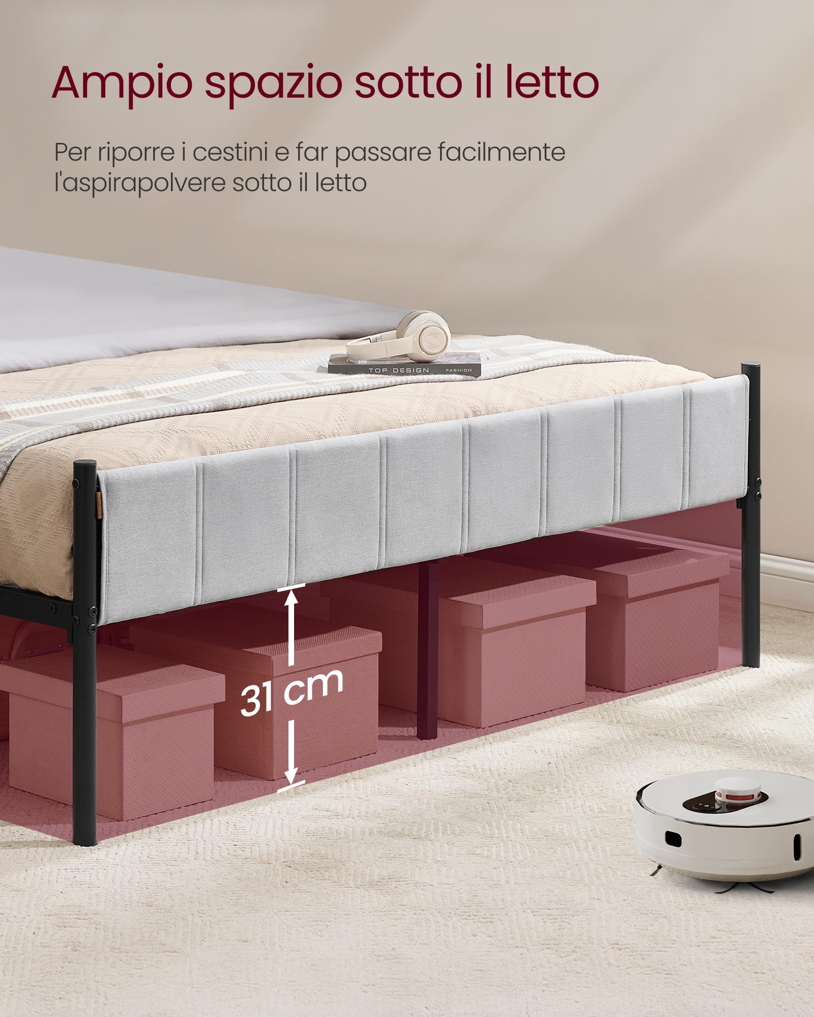 VASAGLE Struttura Letto Matrimoniale, 160 x 200 cm, con Testiera Imbottita, Telaio del Letto, Doghe in Acciaio, Regge fino a 500 kg, Montaggio Facile, Grigio Tortora RMB975G01