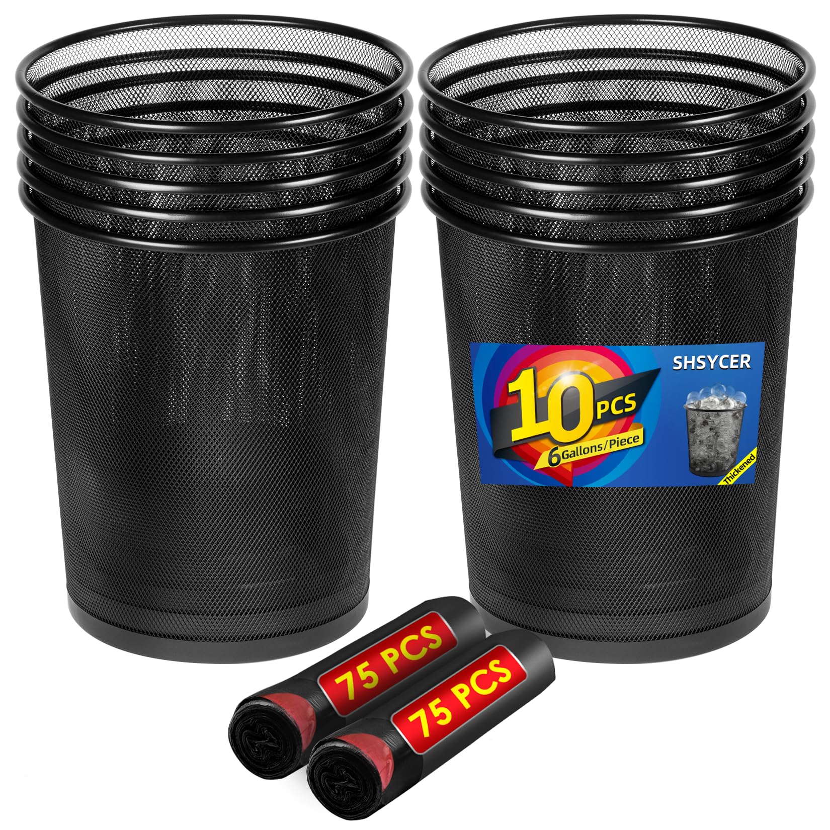 10-Pack 6 Gal Mesh Office Trash Can with 150Pcs Garbage Bags Black Mesh Trash Cans Open Metal Wire