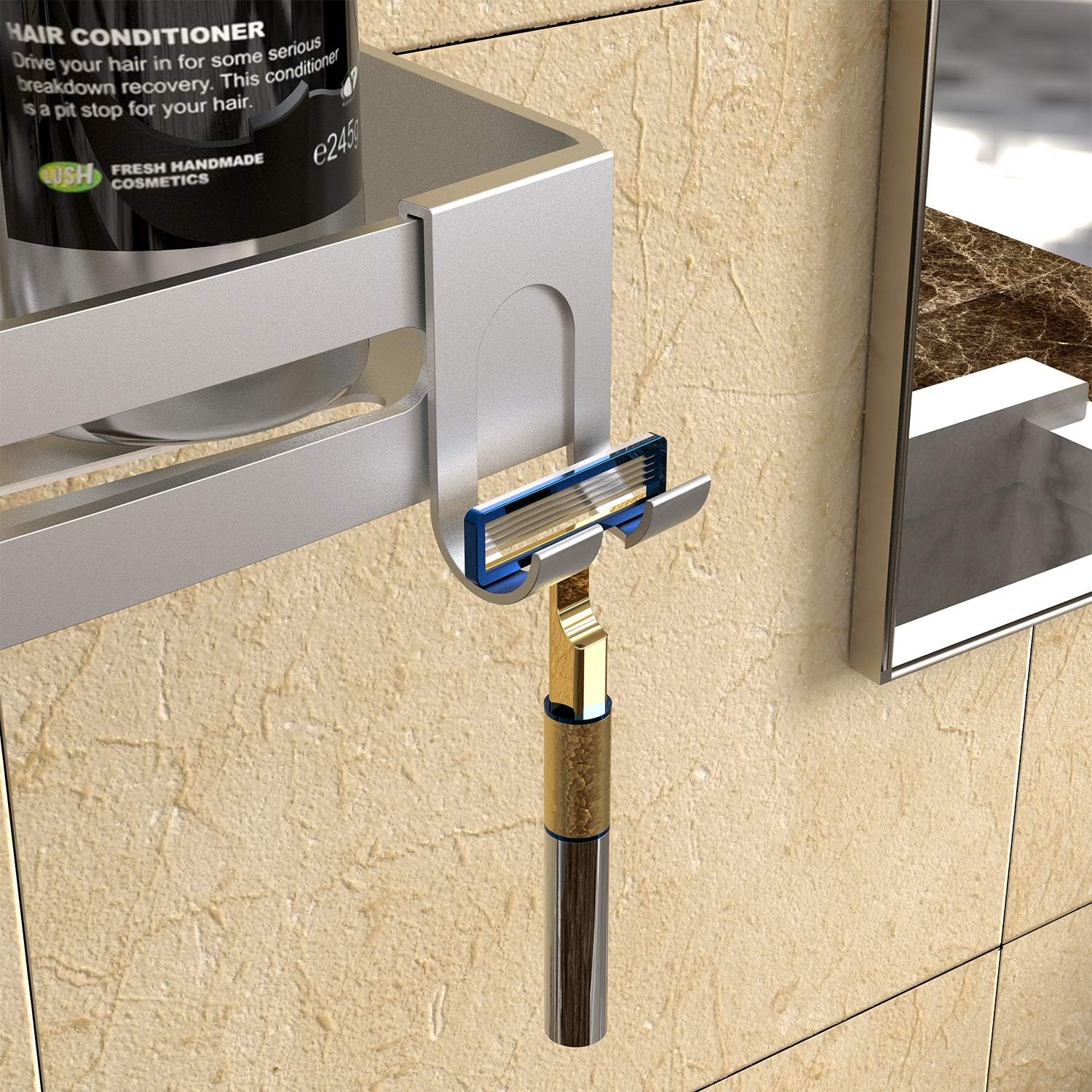 Vdomus Aluminum Shower Caddy for Shower Wall - 2 Pack - for Inside Shower with Razor Hooks No Drill Need, Floating Tile Shower Shelves