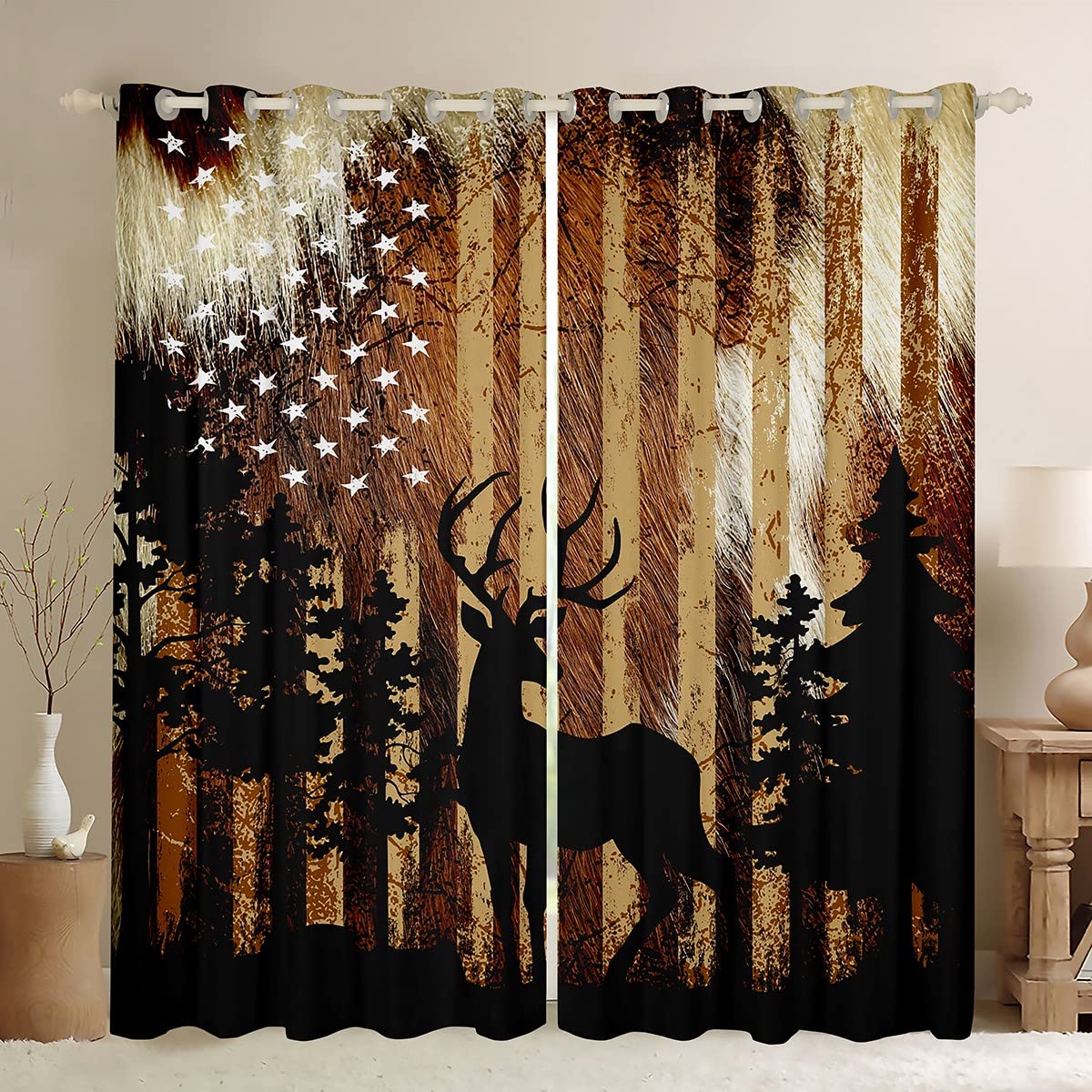 Feelyou Cow Fur Comforter Cover Curtains for Bedroom Living Room American Flag Deer Antlers Hunting Darkening Dreapes Kids Wildlife Animal Brown Animal Skin Window Treatments 2 Panels, 38 x 45 Inch