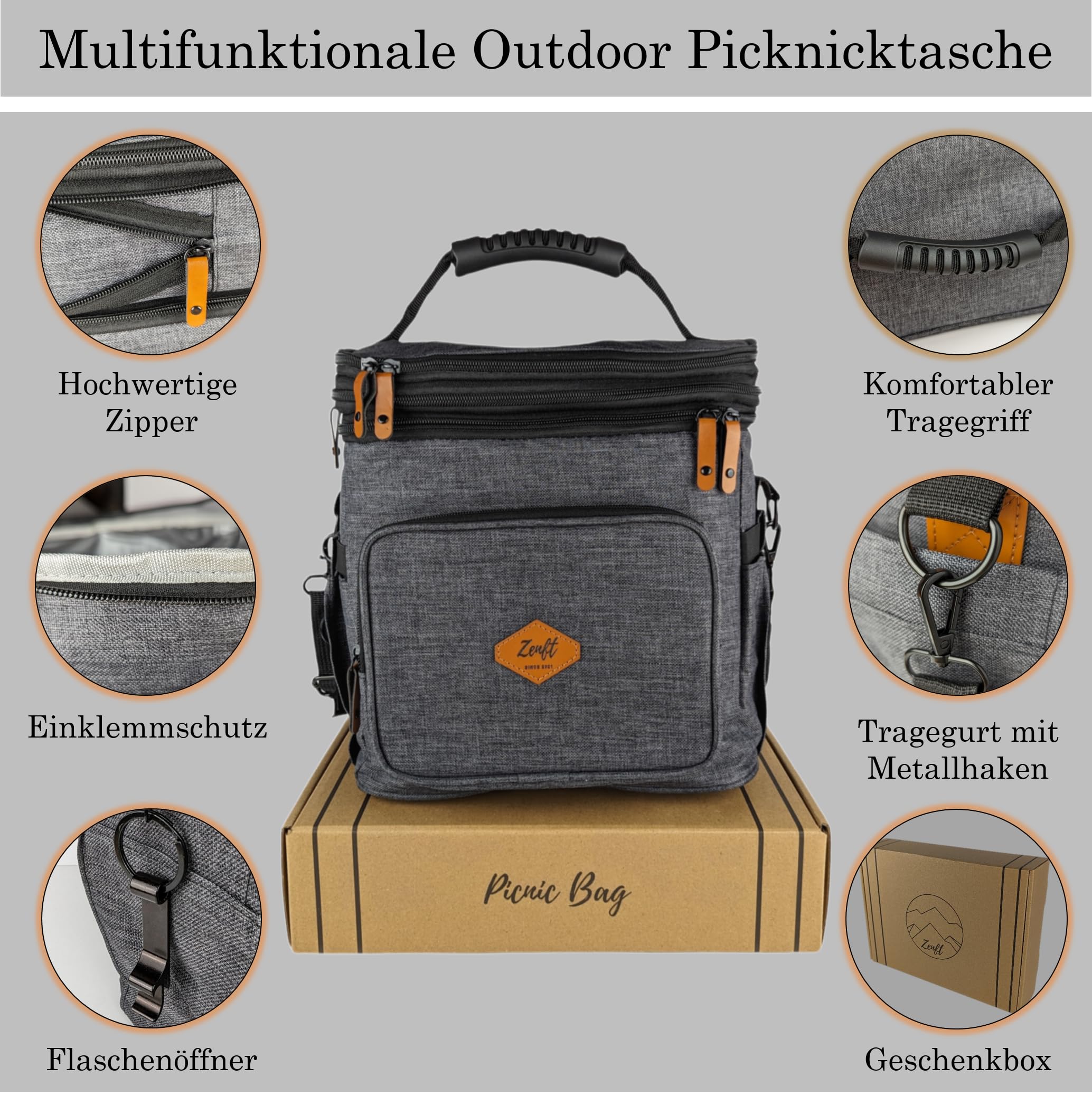 Isolierte Kühltasche faltbar - wasserdichte, auslaufsichere Lunchtasche mit Mehreren Fächern, verstellbare Lunchbag für Camping, Arbeit, Park, See, Strand