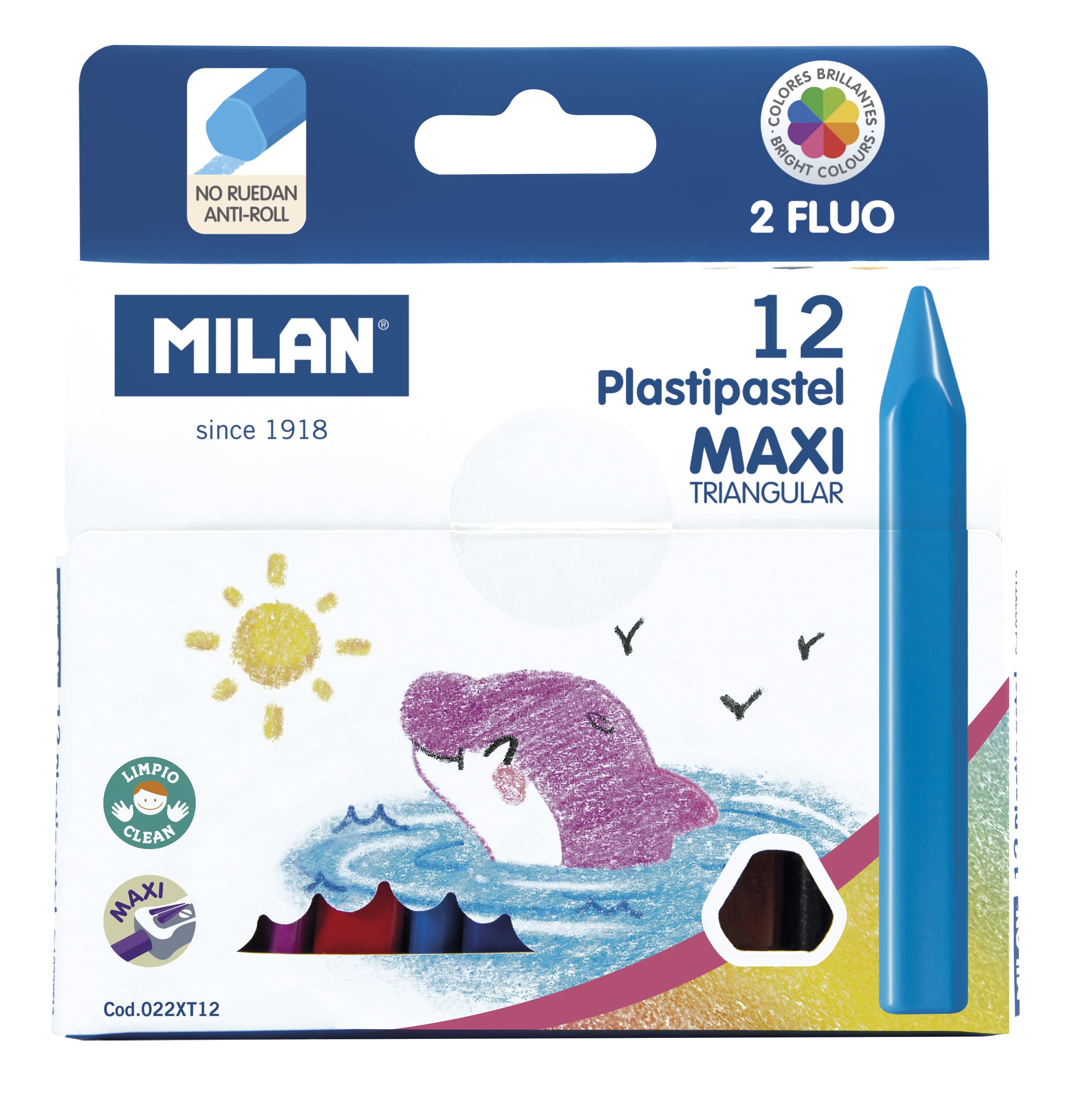 Milan 022XT12 Box of 12 Plastipastel Maxi Triangular, with 2 Fluo Colours
