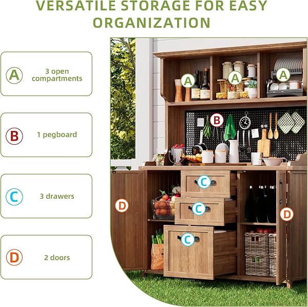 Merax Outdoor Storage Cabinet, Solid Wood, Natural, 120x50x185.1cm, 47kg, Rustic, with 3 Drawers and Metal Pegboard - 5