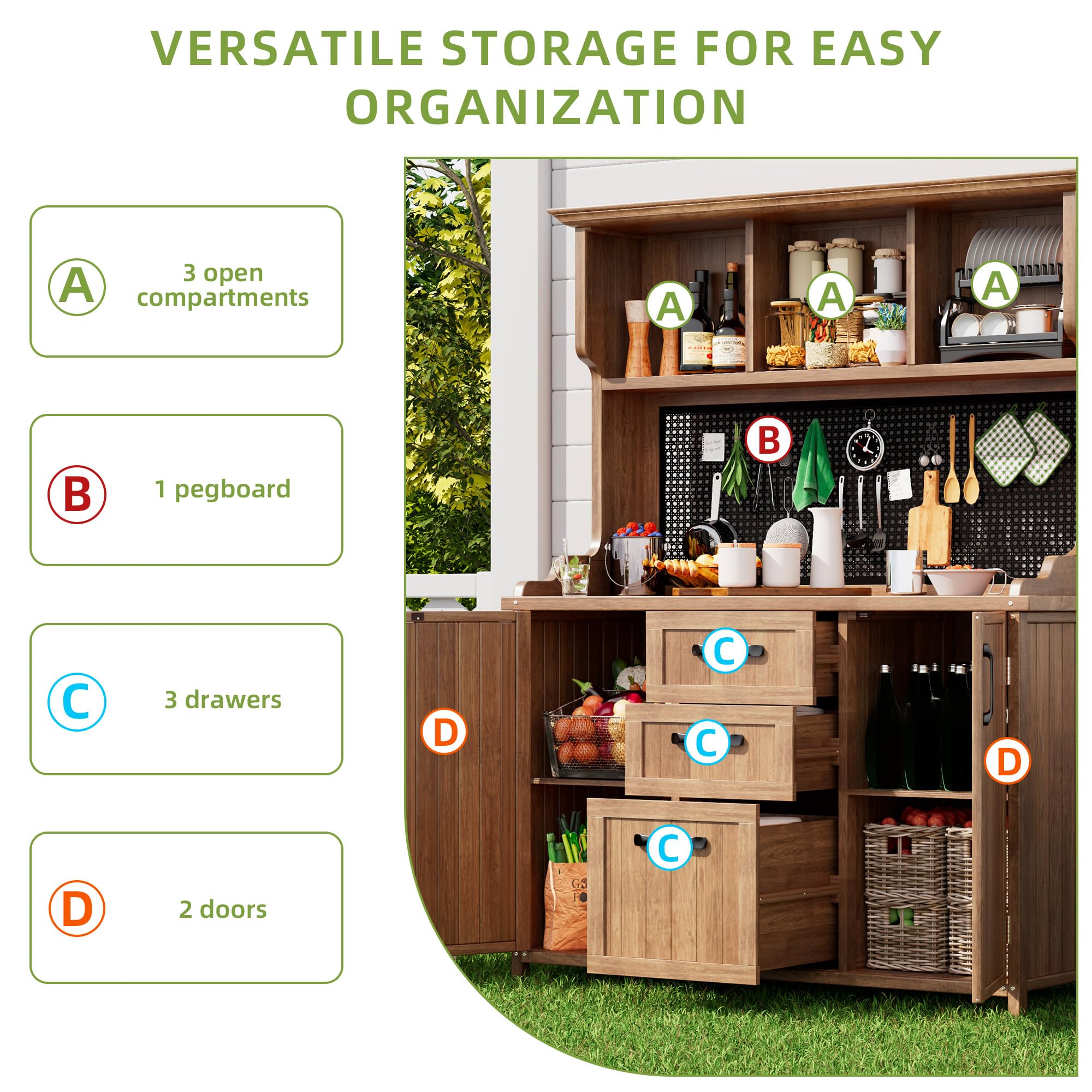 Merax Outdoor Storage Cabinet, Solid Wood, Natural, 120x50x185.1cm, 47kg, Rustic, with 3 Drawers and Metal Pegboard — view 5