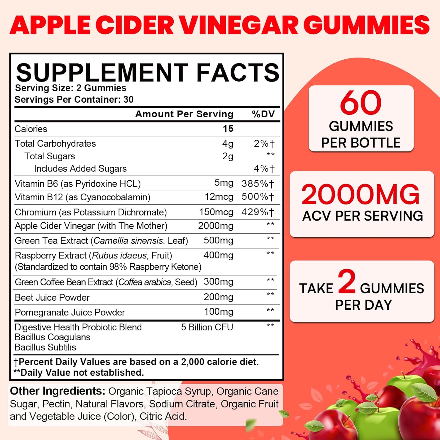 Apple Cider Vinegar Gummies, Max Strength Keto Acv Gummies with Green Tea, Probiotics, B12, B6, Keto Support, Apple Cider Vinegar with Mother for Detox & Cleanse, Digestion & Gut, Vegan, 120 Counts - Image 2