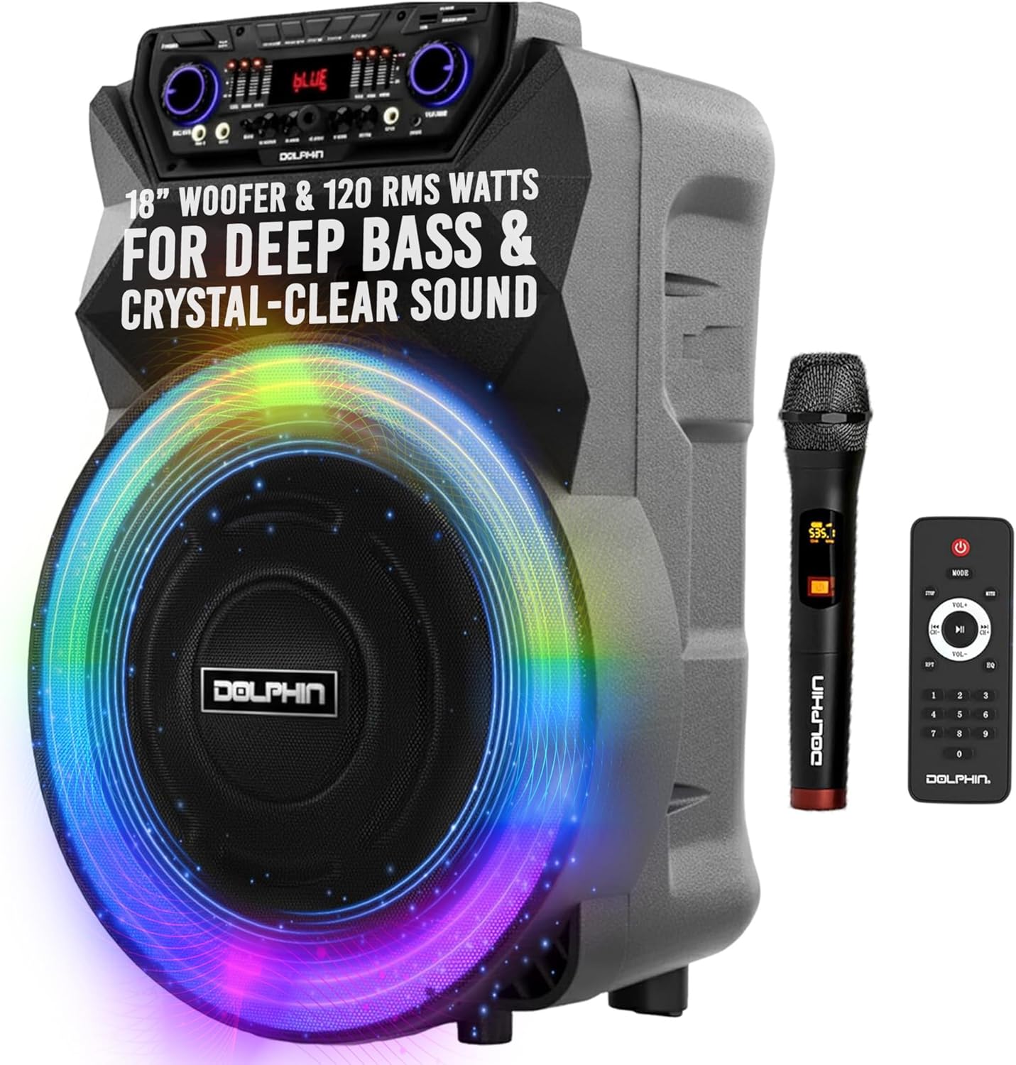 Dolphin SP-18RBT BoxParty Portable Bluetooth Speaker - 18" Woofer, Wireless Microphone, Deep Bass & LED Lights w/ USB SD, AUX, Guitar & 12V Inputs - Rechargeable Huge Party Speaker W/ Trolley & Wheels