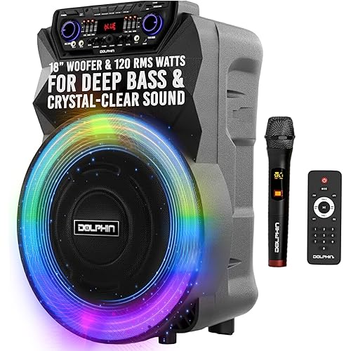Dolphin SP-18RBT BoxParty Portable Bluetooth Speaker - 18" Woofer, Wireless Microphone, Deep Bass & LED Lights w/ USB SD, AUX, Guitar & 12V Inputs - Rechargeable Huge Party Speaker W/ Trolley & Wheels