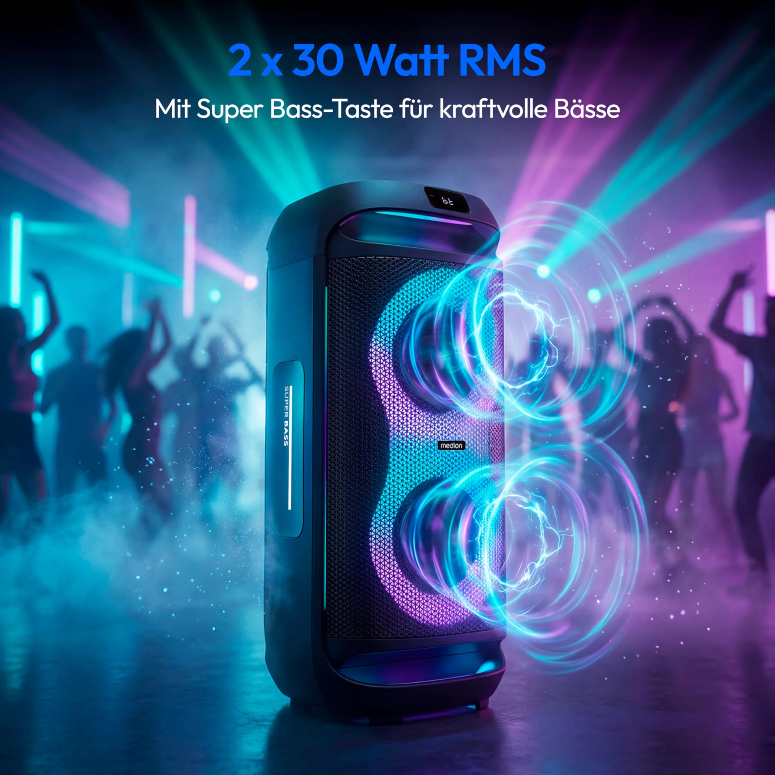 MEDION PE-2 Plus Partybox (Akku, mit Mikrofon, tragbarer Bluetooth Lautsprecher groß, Musikbox, Verschiedene Lichteffekte, Partylautsprecher mit Karaoke, Mikrofon und Gitarren Anschluss, AUX, USB)