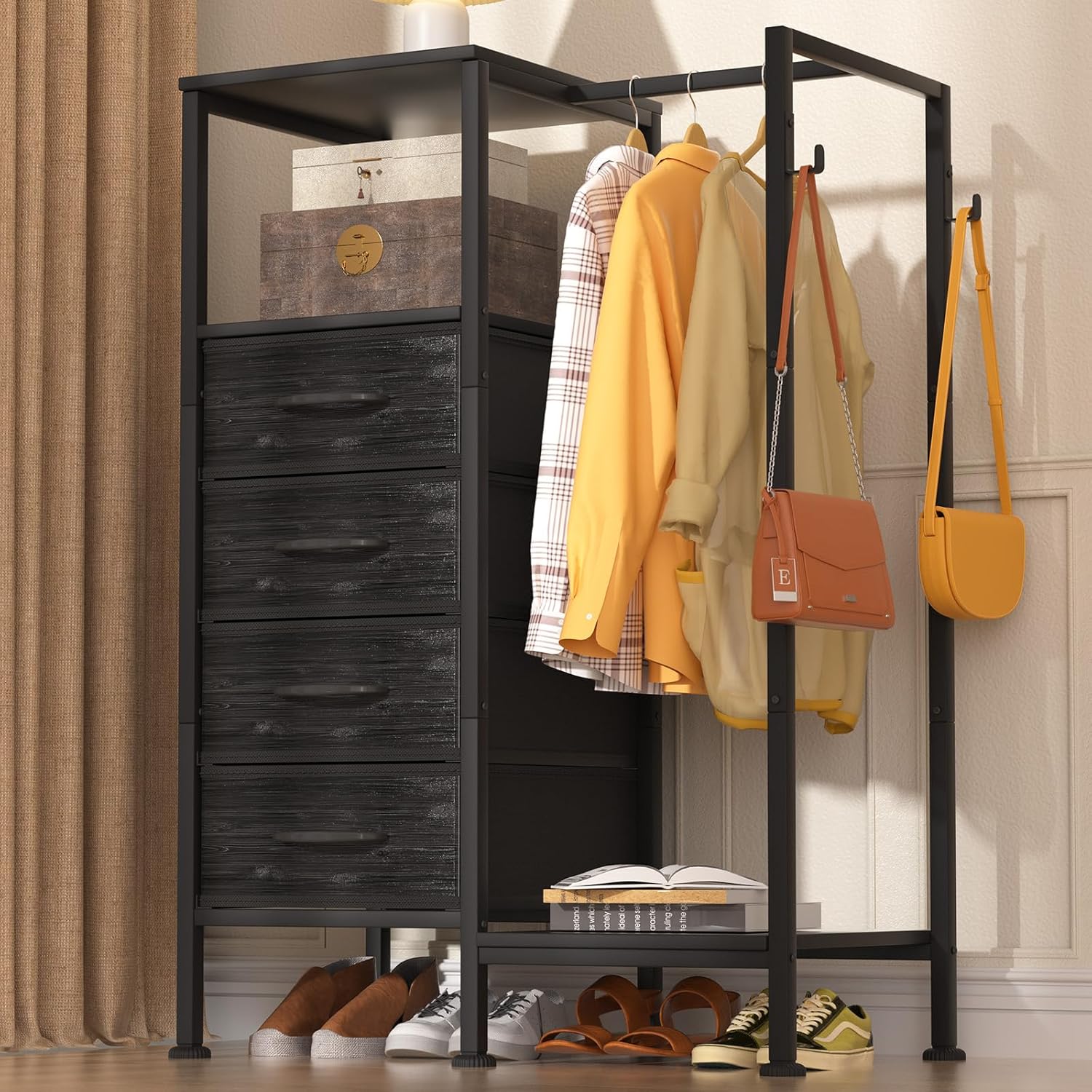 VERONLY Dresser for Bedroom with Clothes Hanging Rack, Reversible Bedroom Dresser with 4 Fabric Drawers, 2-in-1 Storage Chest of Drawers with Storage Shelves & Hooks, Sturdy Frame, 44''H (White)