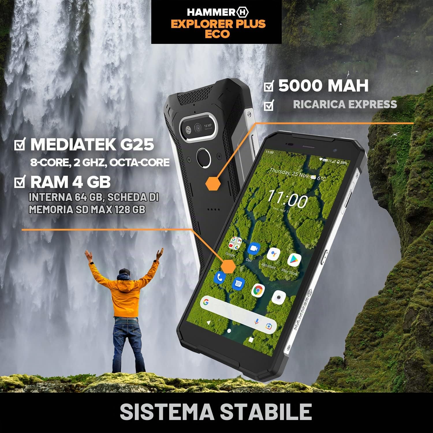 Hammer H Explorer Plus Eco, smartphone robusto, Display IPS da 5,7" HD+, 4 GB DI RAM, 64 GB di memoria interna, USB-C, GPS e A-GPS, Android 11, 5000 mAh, IP69, 13 Mpx, 4G LTE, Doppio SIM, argento