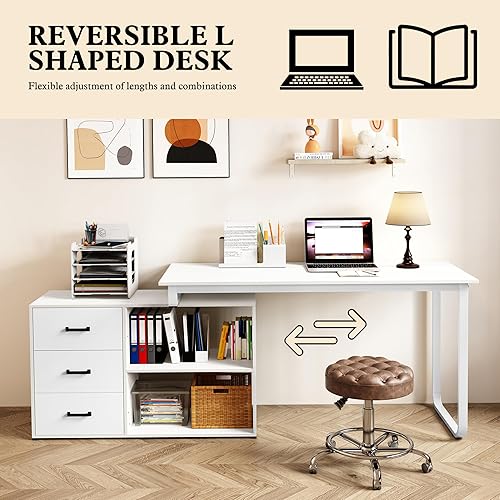 Miniatura 5 de ARTPOWER Escritorio para computadora en forma de L con 3 cajones y 2 estantes, escritorio de esquina grande de 55 pulgadas para oficina en casa con