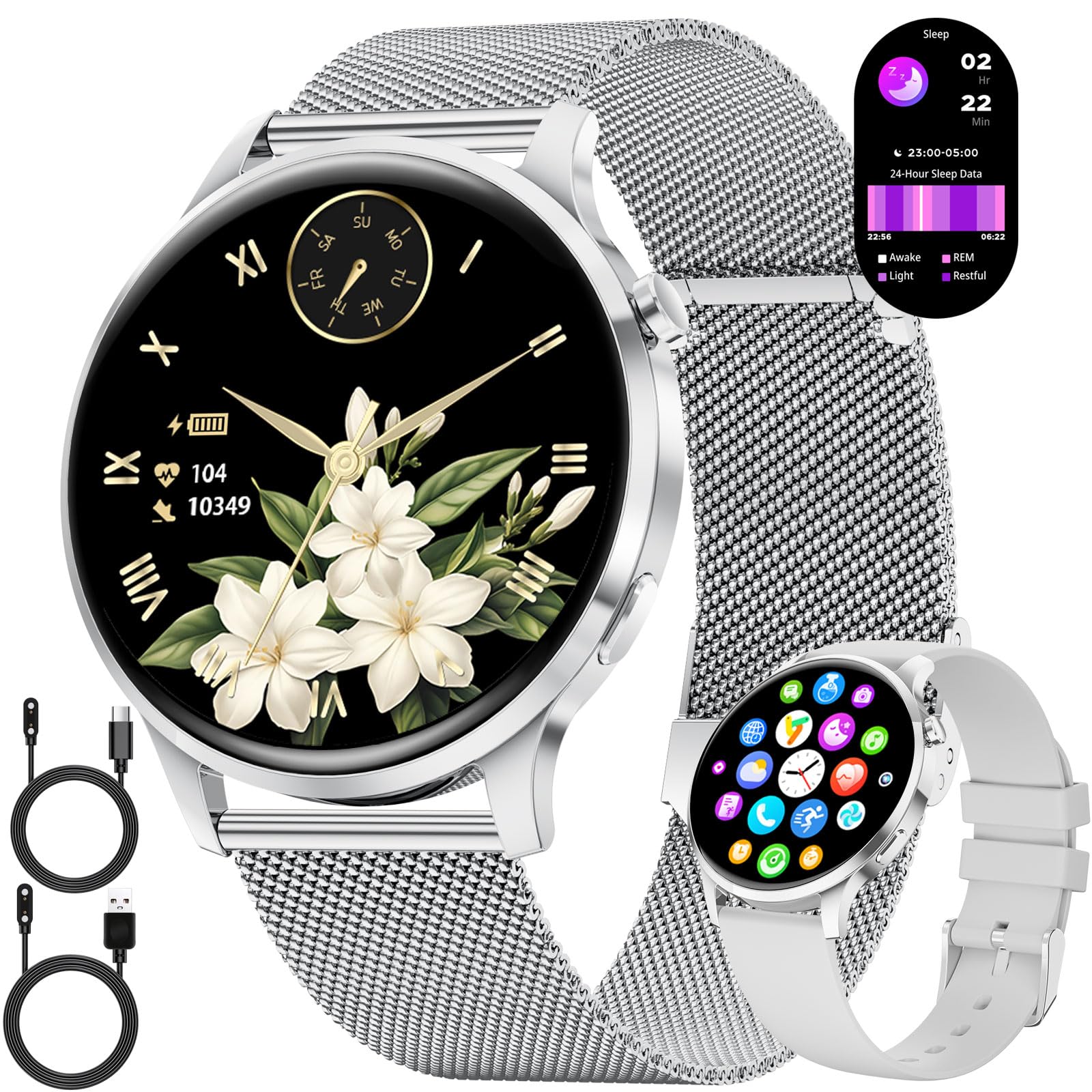 LIGE Montre Connectée Femme Ronde avec Fonction Téléphone 7,9 mm Fine 1,32" AMOLED Élégant Smartwatch pour Android iOS, Fitness Tracker avec Moniteur de Fréquence Cardiaque et de Sommeil,Argent