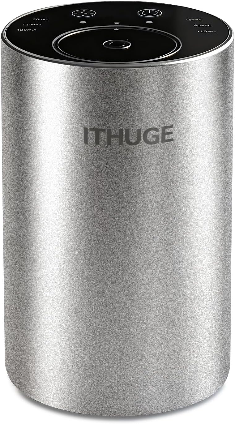 Waterless Essential Oil Diffuser - Portable Atomizer with 20ml Bottle, 3 Spray Levels & Timer, Battery-Powered for Car, Home, Office | Premium Aluminum Alloy - Silver E200S