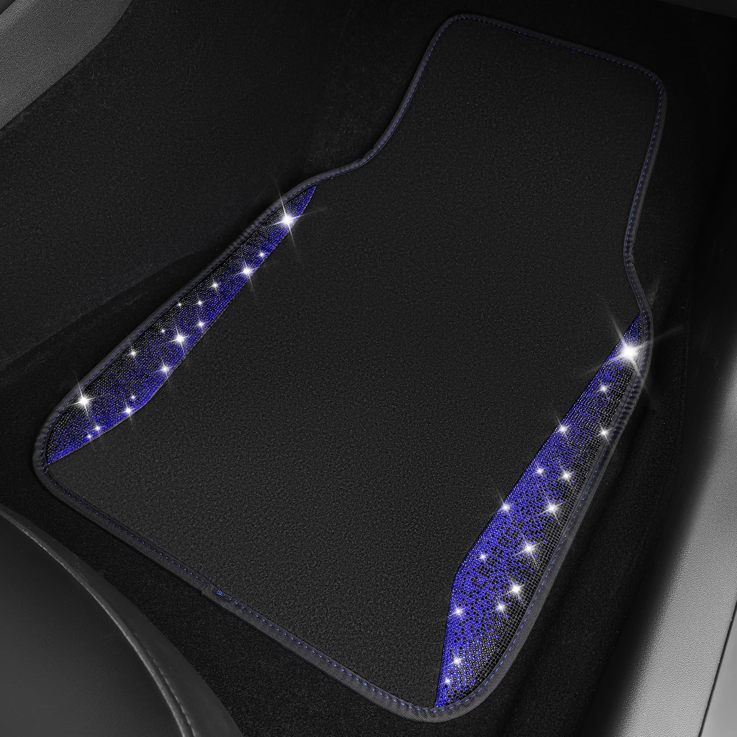 CAR PASS Bling Diamond Car Floor Mat Shining Carpet, Sparkly Glitter Crystal Anti-Slip PVC Heel Pad Automotive Universal Fit for SUV Sedan Car Van, 4pcs for Girl Cute Women, Black Blue - Image 3