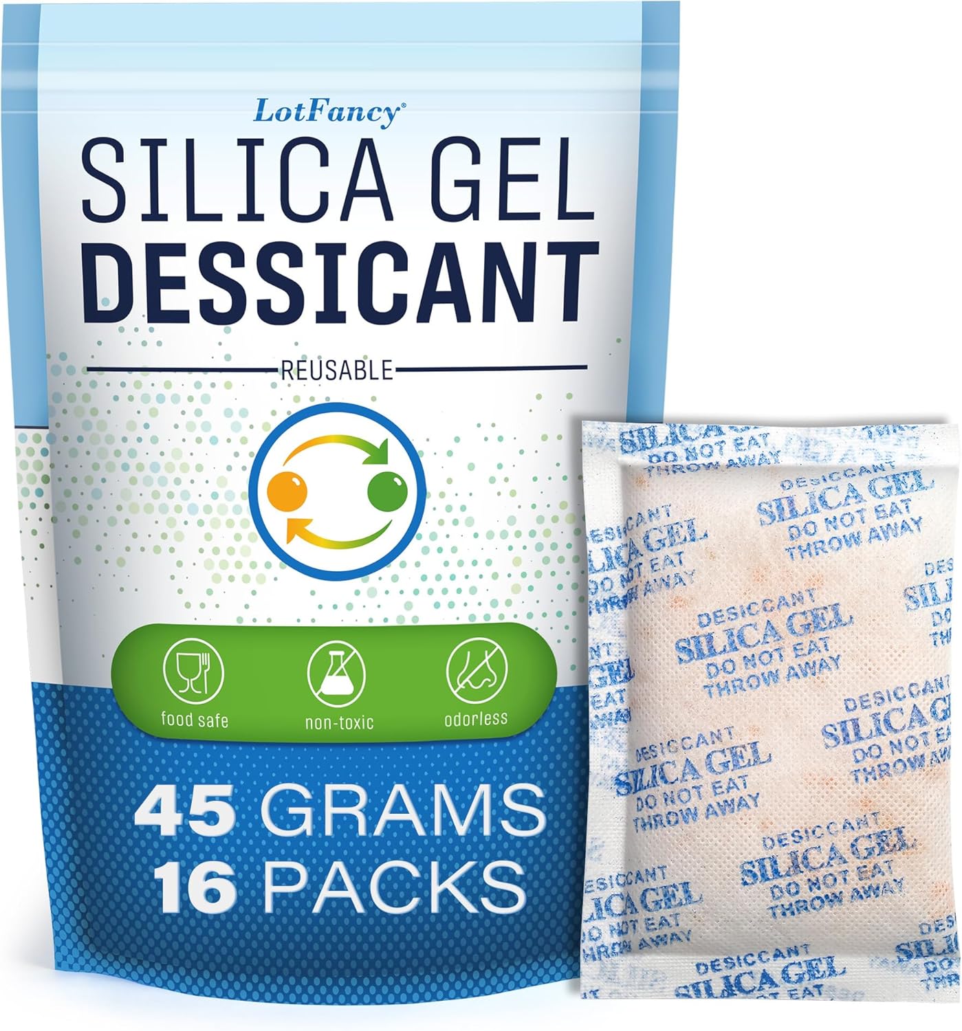 LotFancy Silica Gel Packets, 45 Gram 16 Packs Rechargeable Desiccant Packs for Storage, Moisture Absorber Drying Bags with Orange Indicator, Non-Toxic