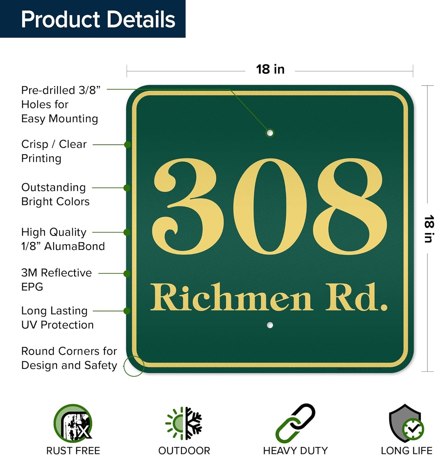 House Address Sign, House Number Plaque, 18x18 Inch Reflective, .080 Aluminum, 16 Font Colors, 20 Font Styles, Reflective Option, USA Made by My Sign Center (Simple - All)