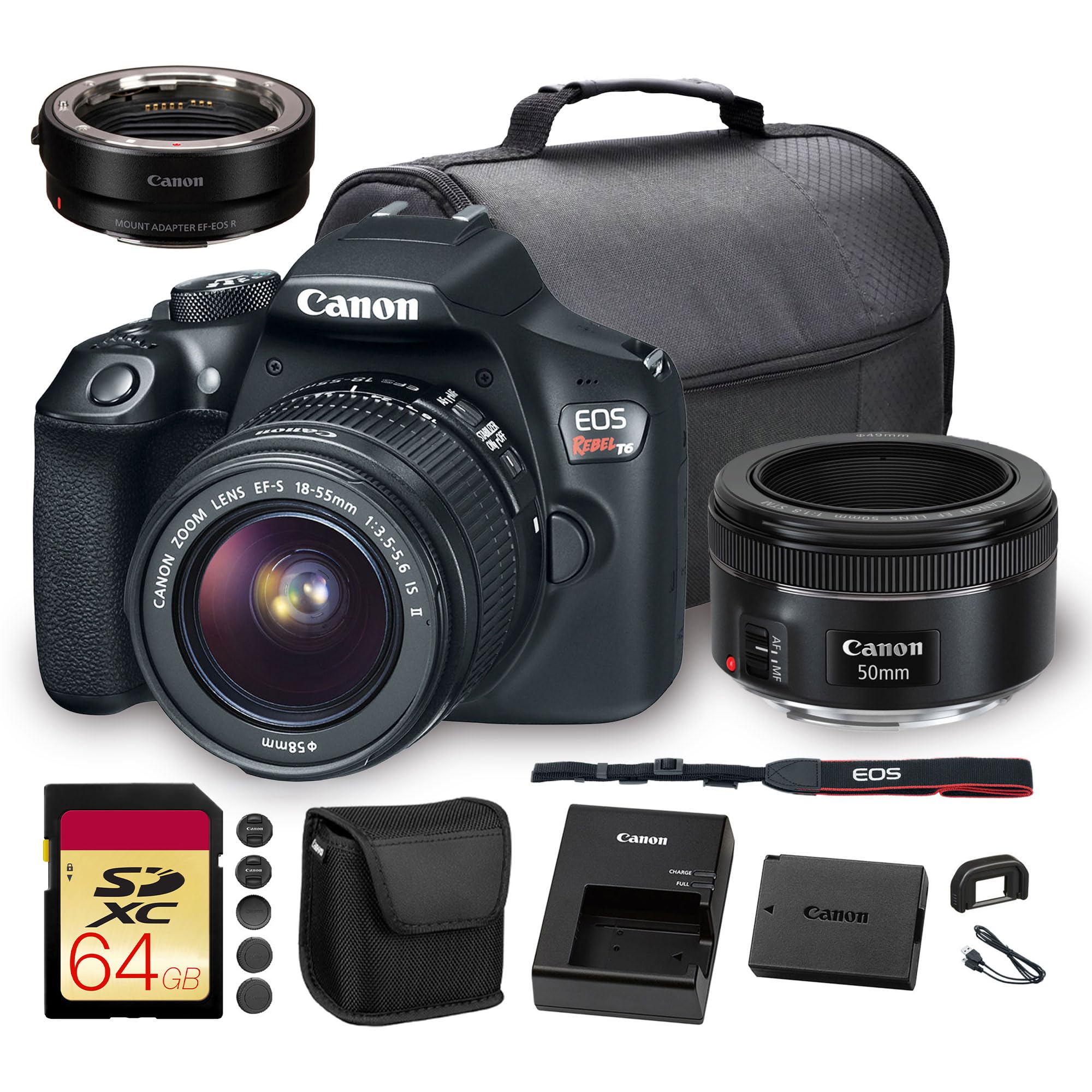 Canon EOS Rebel T6 DSLR Camera with 18-55mm Lens| 18MP APS-C CMOS Sensor, Built-In Wi-Fi & Full HD Video| For Travel & Everyday Photography(1159C003) + EF 50mm f/1.8 STM Lens + Adapter EF-EOS R + More