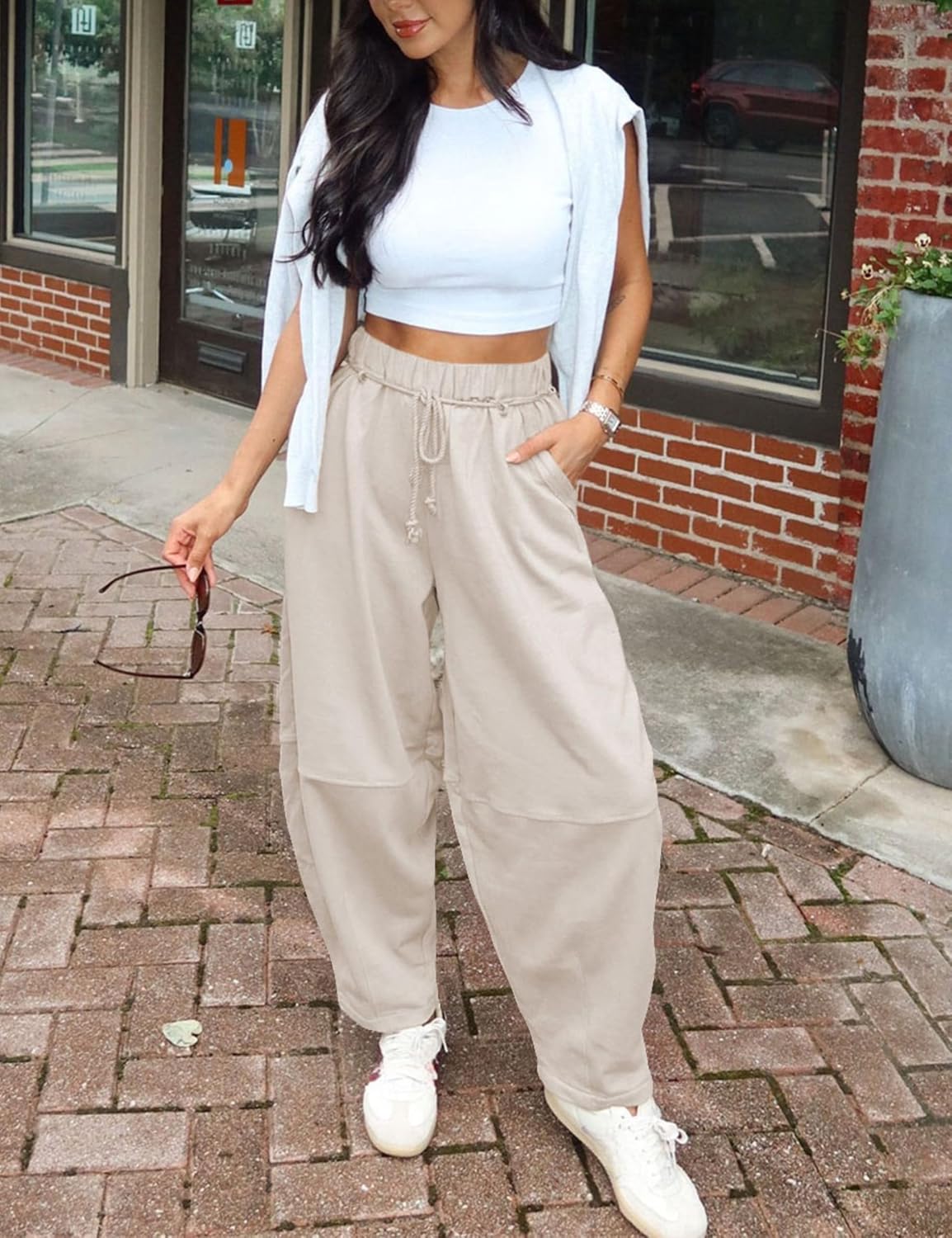 SeekMe Women's Barrel Leg Pants Drawstring Elastic Waist Palazzo Sweatpants Lounge Cotton Boho Trousers