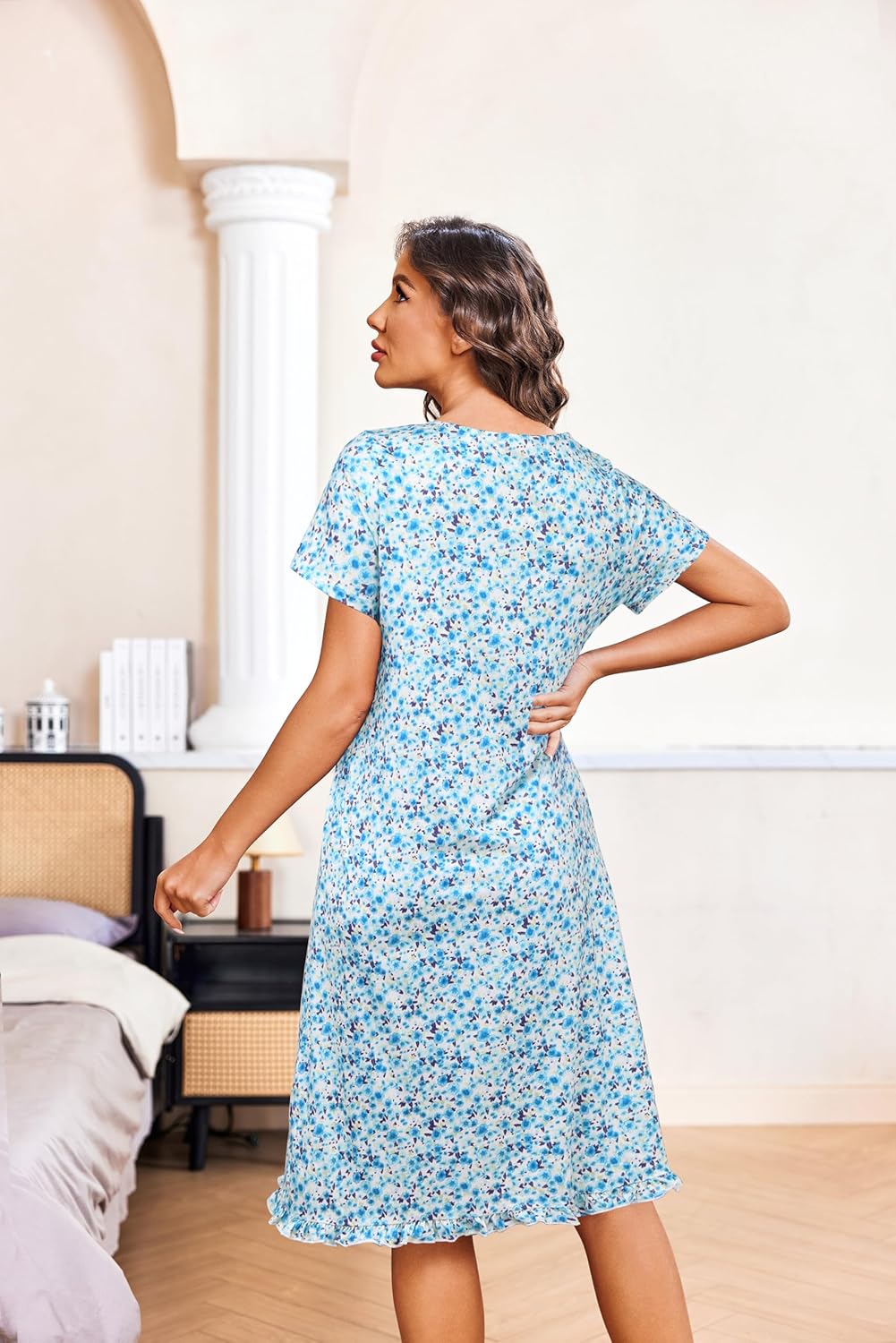 Ekouaer Nightgowns for Women with Pockets Button Front Short Sleeve House Dresses Floral Print Mumu Dress - Image 5